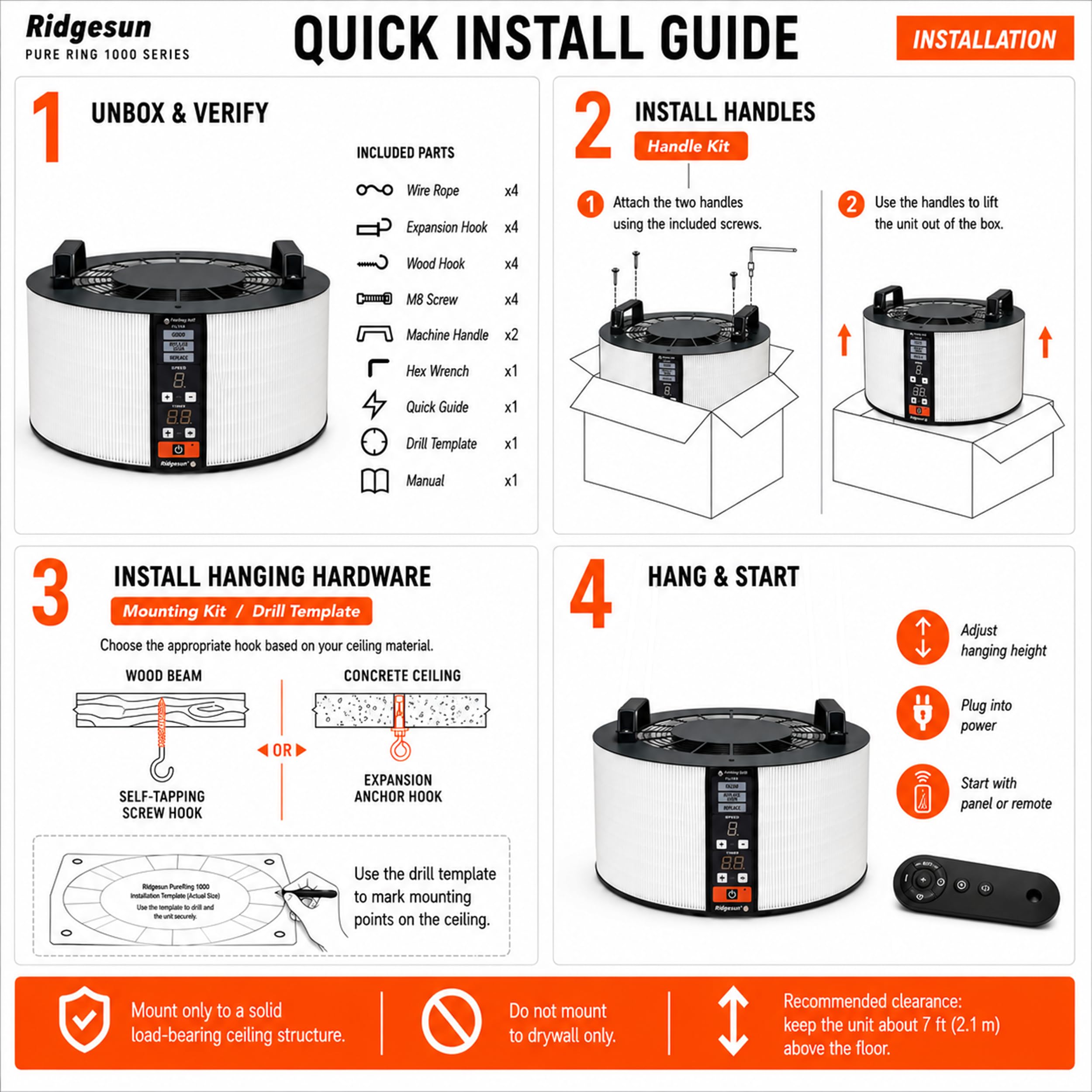 PureRing 1000i 1040 CFM Shop - Sistema di filtrazione dell'aria per la lavorazione del legno, filtro dell'aria ad anello con motore BLDC, telecomando e timer 24h, uso portatile da tavolo o da