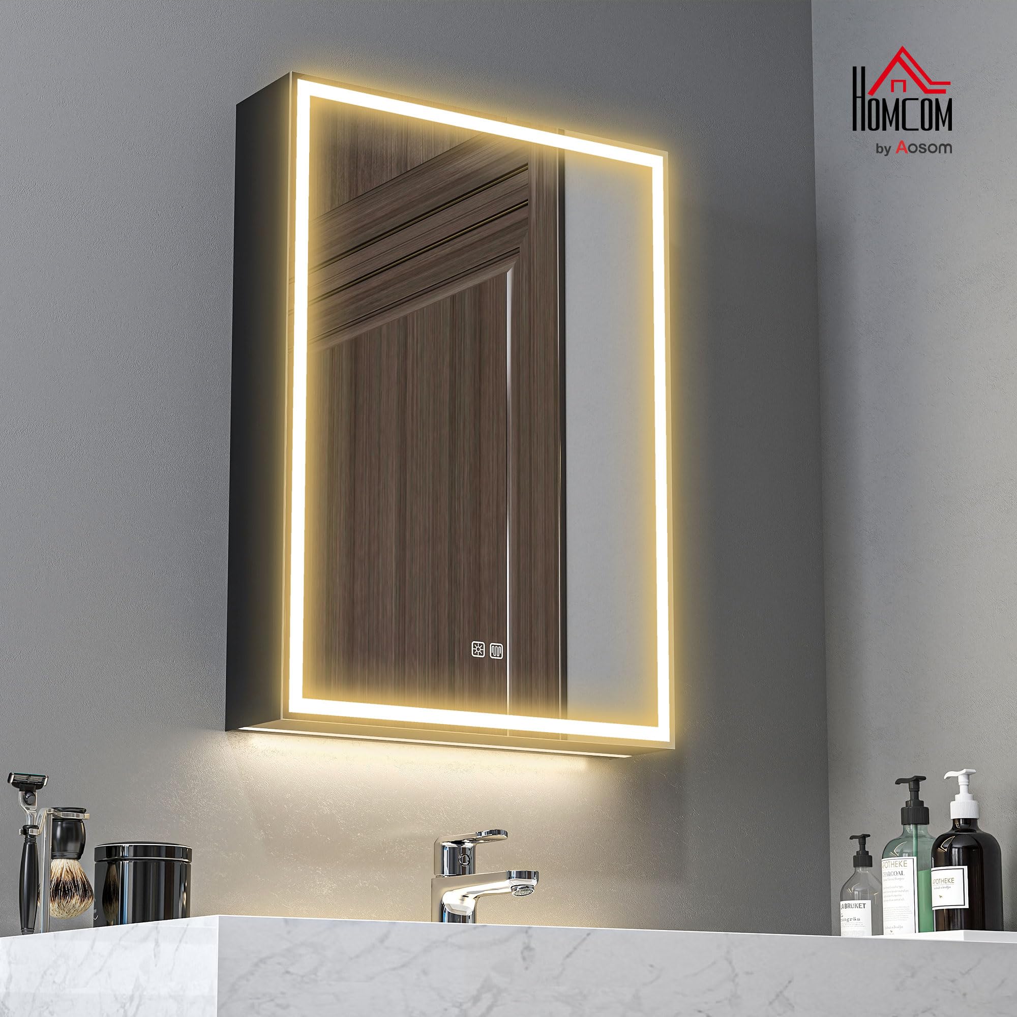 HOMCOM Armadietto a Specchio per Bagno con Luci LED e Presa per Rasoio, Armadietto a Parete con Specchio, Pad Anti-Appannamento, Dimmer, 3 Colori, Mobile da Bagno, Nero