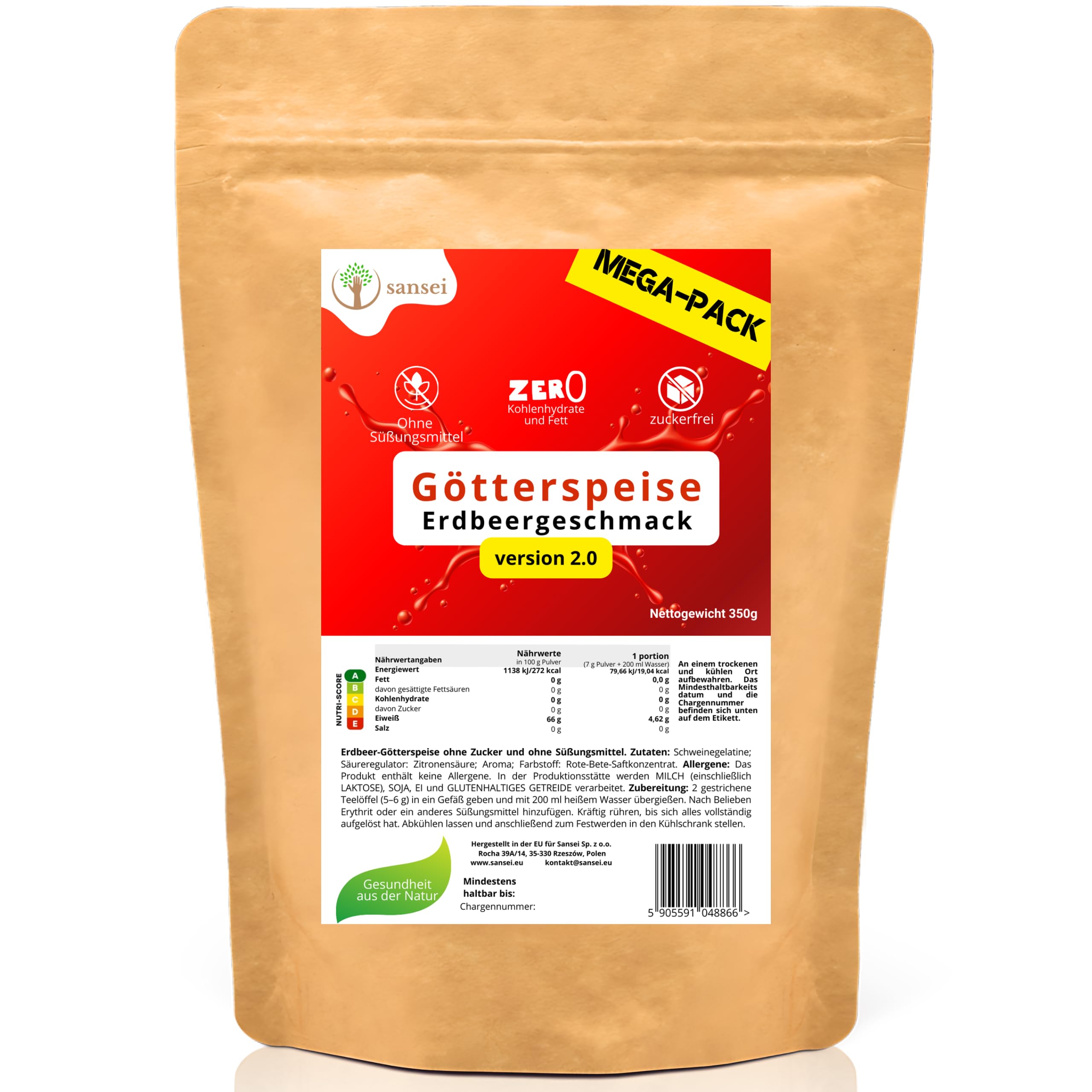 Sansei Erdbeer-Götterspeise ohne Süßungsmittel 350g | Ohne Zucker, 350 g Inhalt und 50 Portionen pro Packung