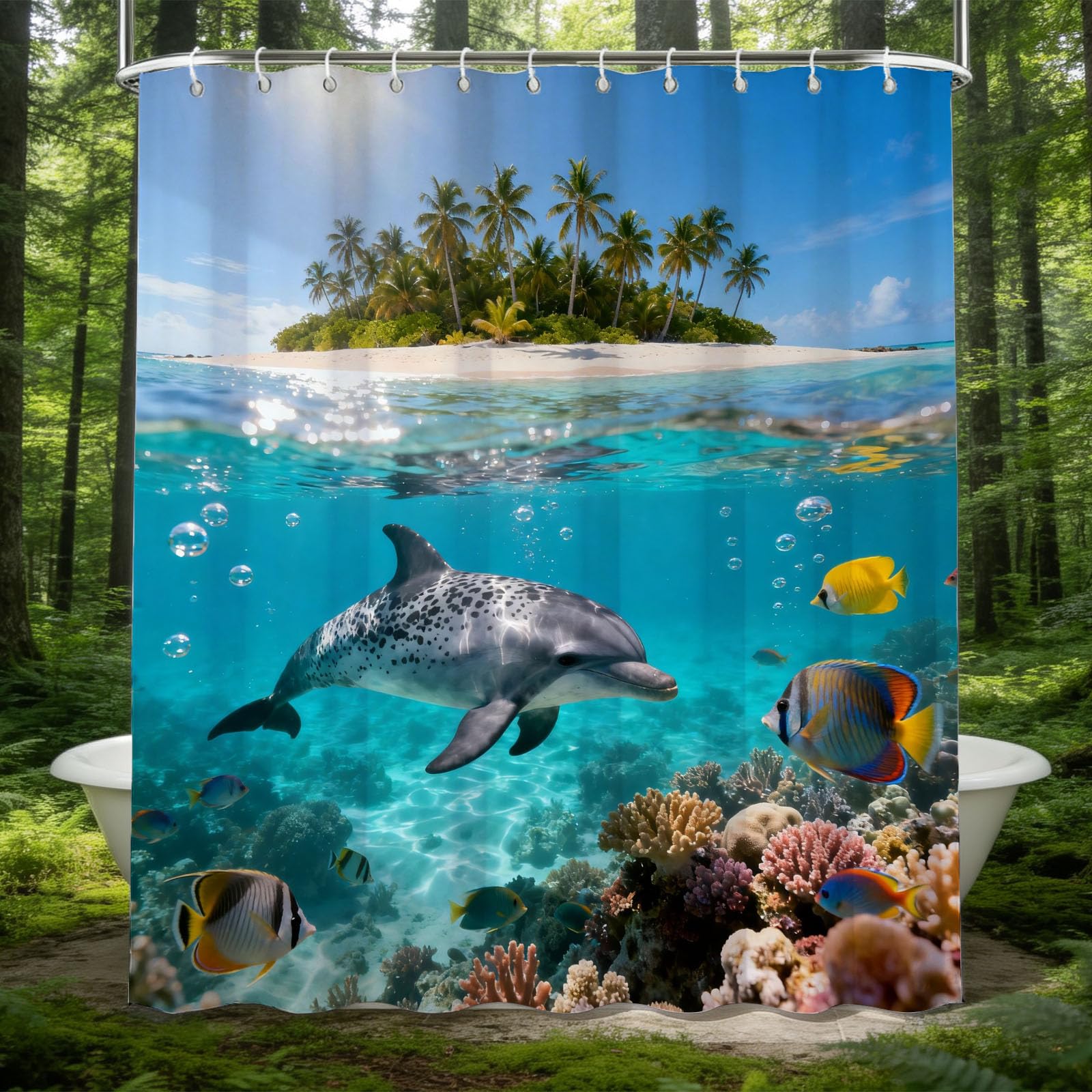 Hongduo 3D Cute Dolphin Shower Curtain for Stalls Bathtubs Coral Reef Bathroom Decor Shower Curtain Set Polyester Fabric Waterproof 180x200cm/71X79 Inch with Hooks