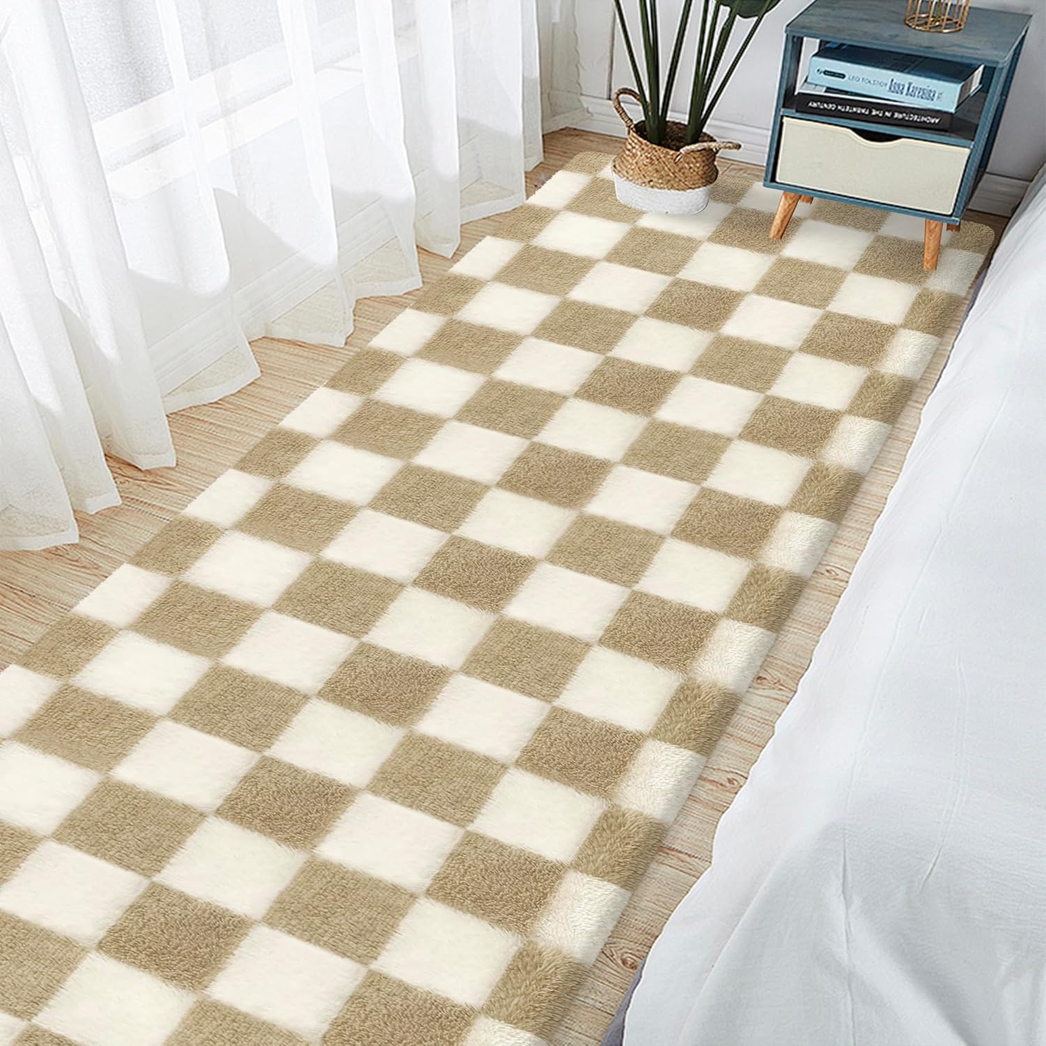 Soft Fuzzy Rugs for Bedroom Living Room 3x10 Plush Fluffy Runner Rug Beige Checkered Rug Shag Washable Shaggy Carpet for Hallway Kids Girls Boys Room Bedside Nursery Sofa