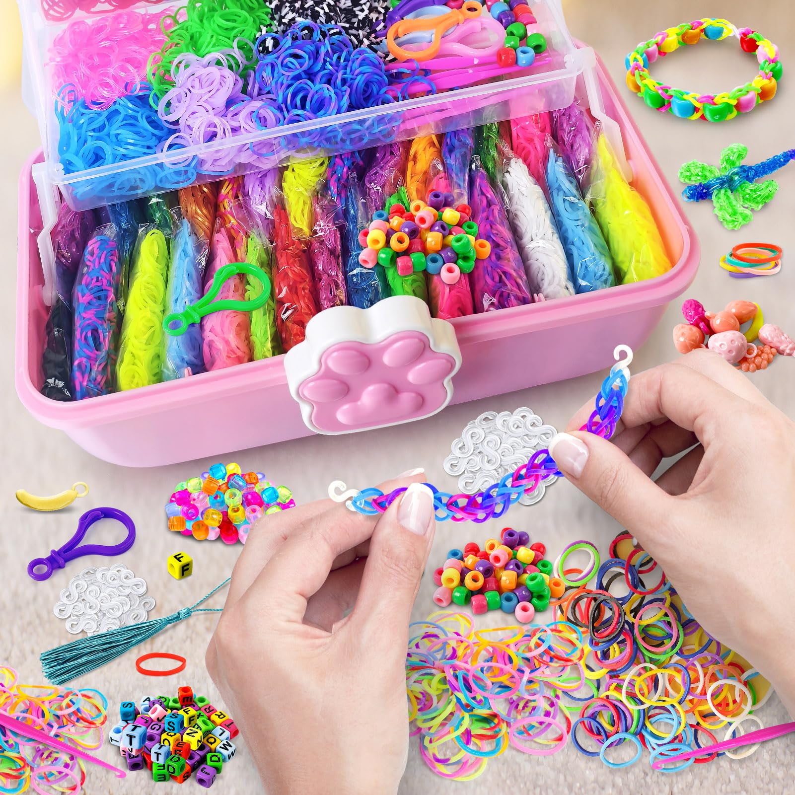 ROSHUKG Kit de 50 Colores para Gomas Elásticas con de 3 Capas, DIY Gomas para Hacer Pulseras para Niños, Niñas, Regalo para Tejer