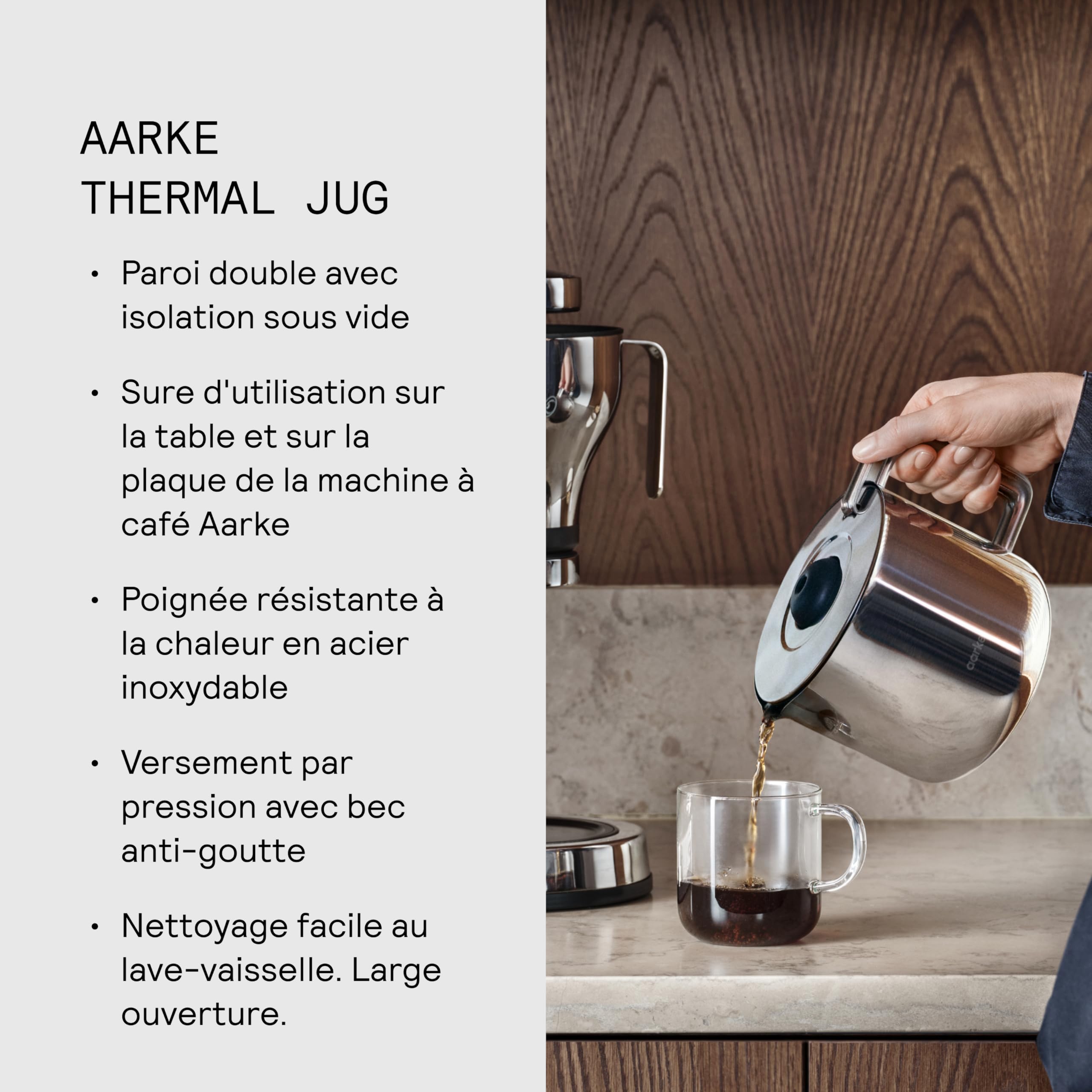 Aarke Carafe Isotherme – Carafe inox à double paroi avec isolation sous vide, valve d'infusion et fermeture automatique – Compatible avec la cafetière