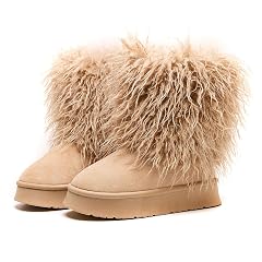 Womens Faux Fur Mid Calf Snow Boots Fluffy Suede Warm Fur Lined Platform Booties Round Toe Comfort Outdoor
