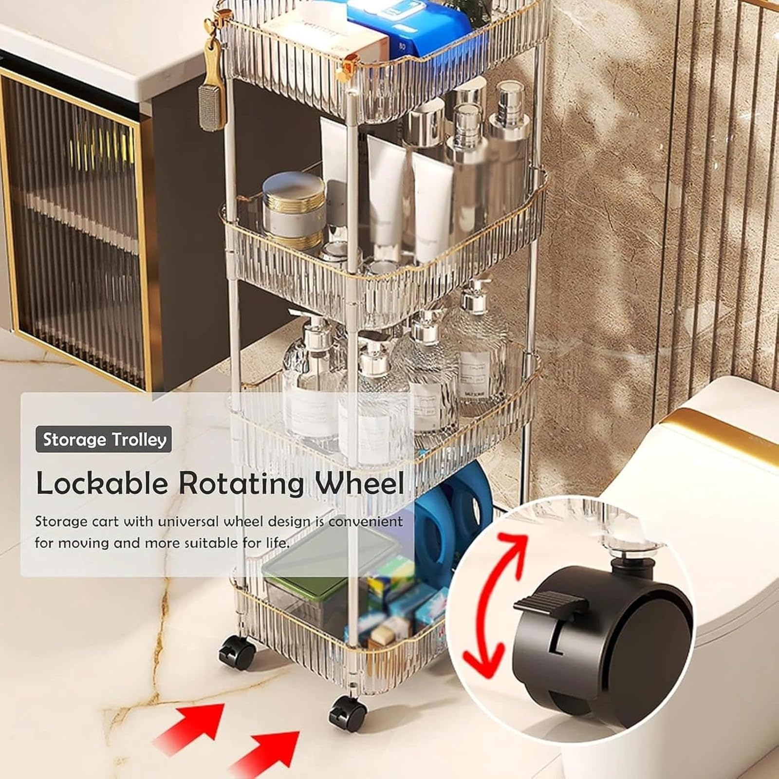 Carrito rodante organizador de baño, carrito de almacenamiento transparente con ruedas y asa para cocina, dormitorio, oficina, lavandería, 2 niveles, diseño que ahorra espacio