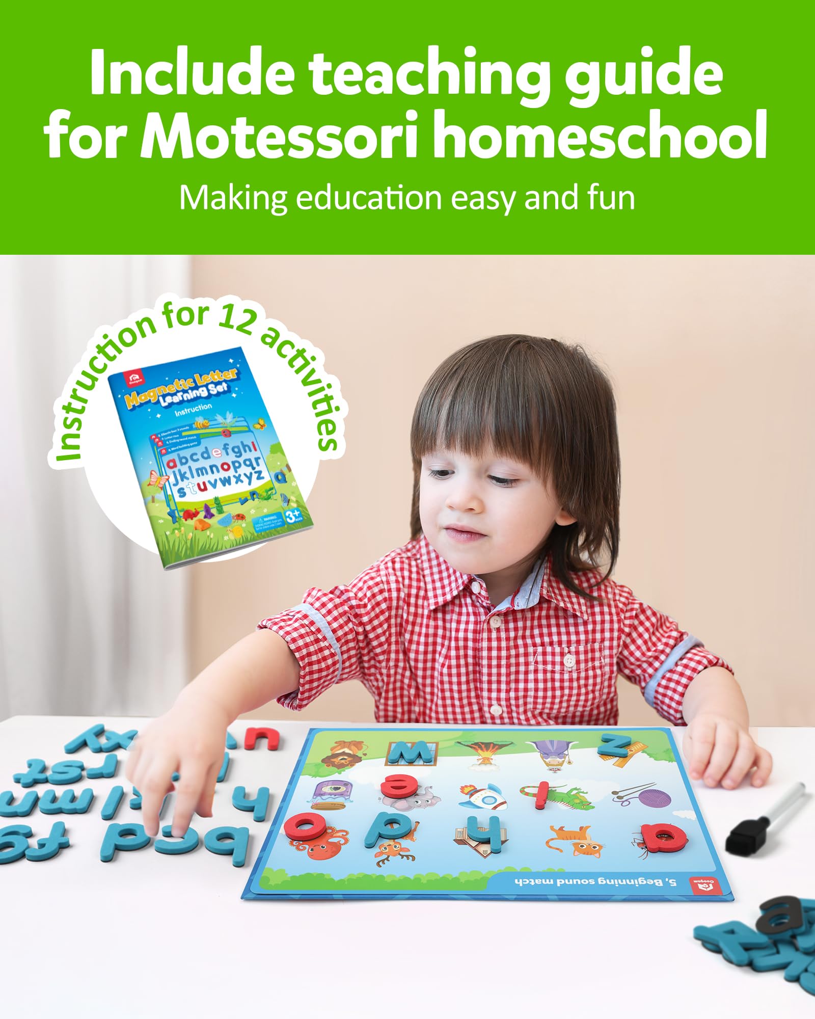 Coogam Preschool Alphabet Learning Playset, Magnetische Buchstaben Matching Spiel, Bildungsabc-Erkennung mit 6 Aktivitätskarten, Phonische Manipulative Autismus Spielzeug für Kinder im Alter von 3+