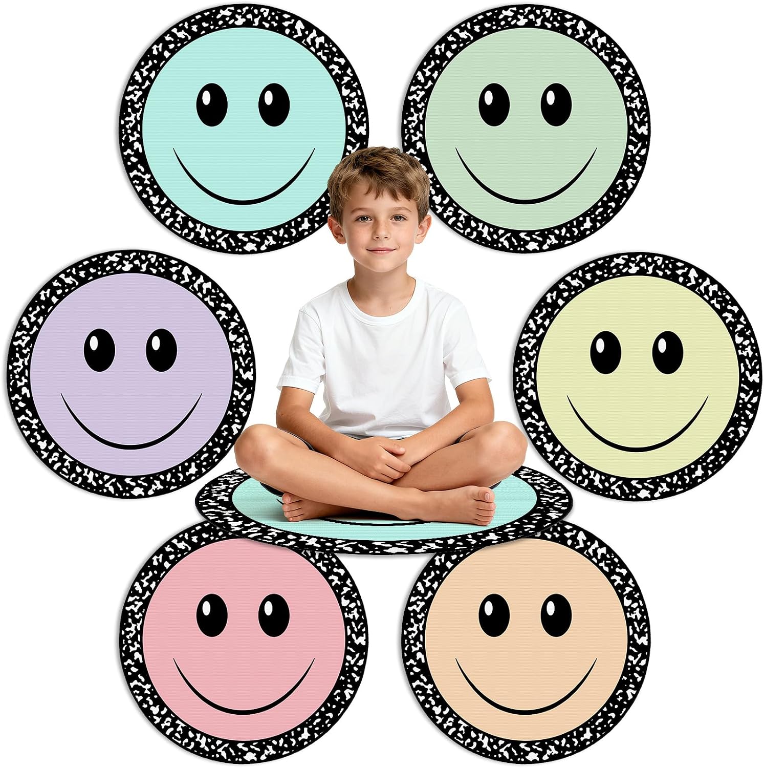 6pcs Smiley Face Carpet Circle Seats for Classroom Decor 17 Inch Smiley Composition Notebook Classroom Rug Pastel Floor Mat Non Slip Floor Cushions for Preschool Kindergarten Daycare Reading Corner