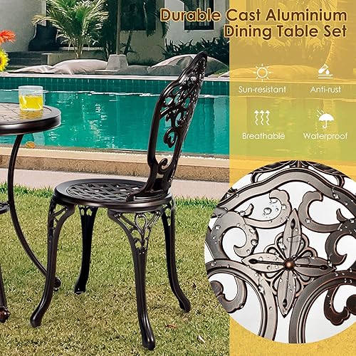 Miniatura 7 de Giantex Juego de 3 piezas de patio bistró, mesa y sillas de patio de aluminio fundido con pies ajustables, sillas de comedor al aire libre y juego