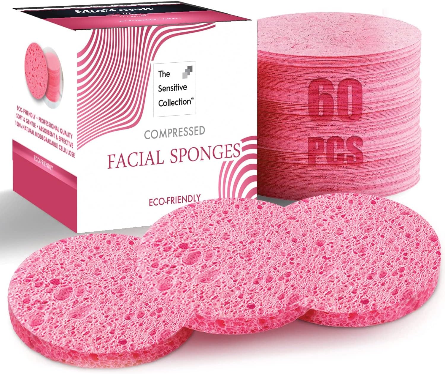 60-Count Compressed Facial Sponges, 100% Natural Cosmetic Spa Sponges for Facial Cleansing, Exfoliating Mask (Pink Round)