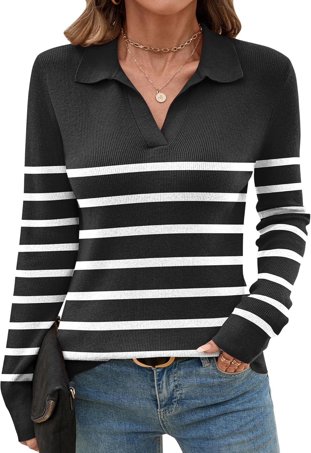 Romanstii Women's Knitted Collared Sweaters Long Sleeve V-Neck Polo Shirts Winter Pullover Tops