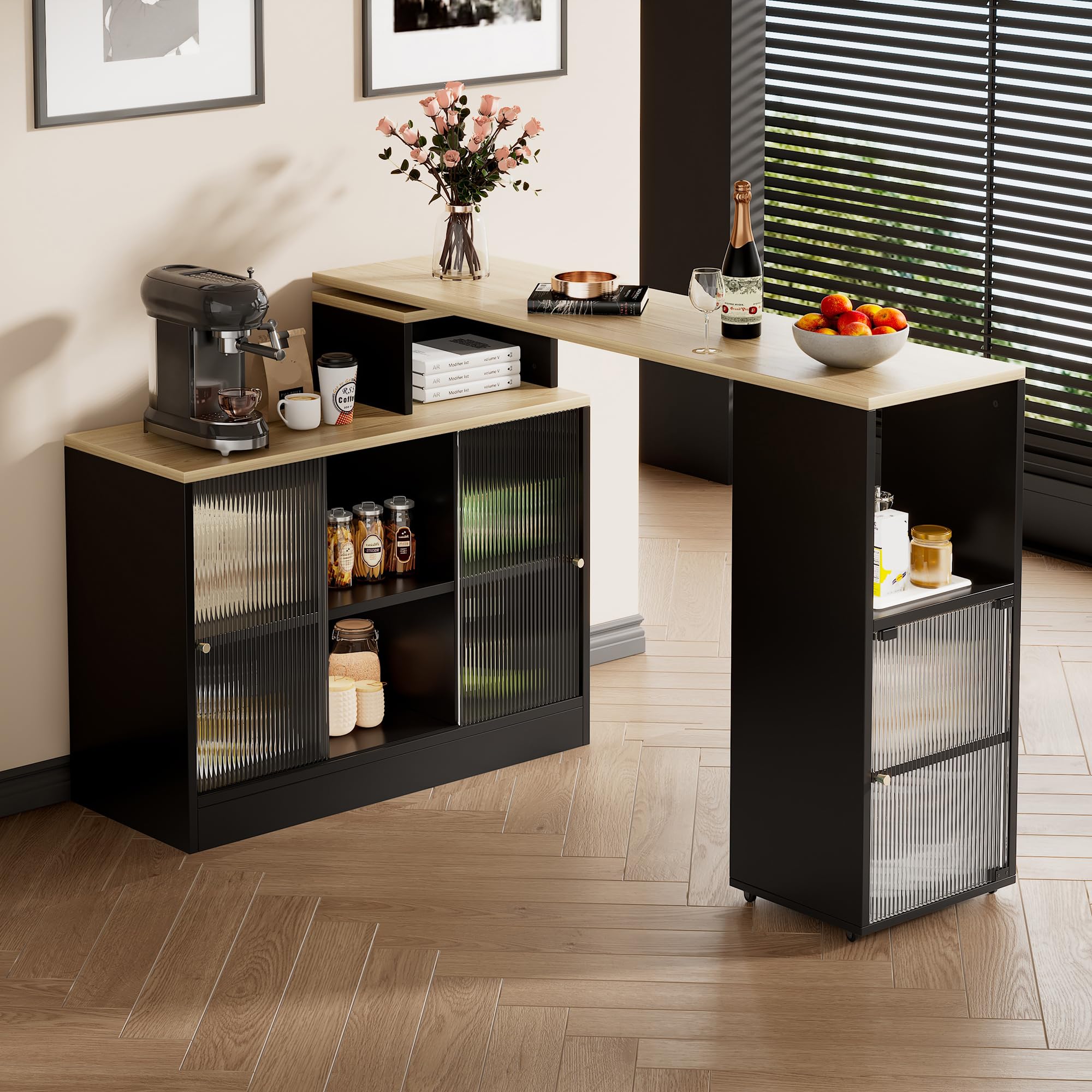 Tavolo da bar allungabile con vano portaoggetti, moderno tavolino girevole da bistrò, funzione credenza, ampio spazio di archiviazione, salvaspazio flessibile per soggiorno, sala da pranzo, cucina