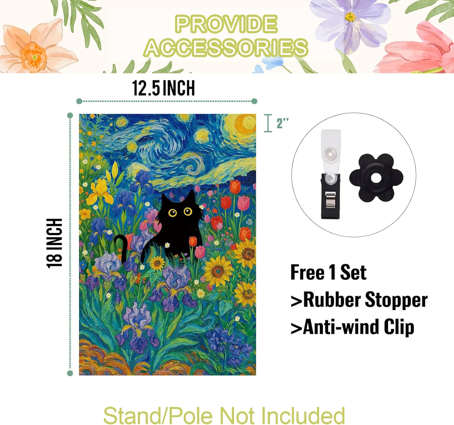 Baccessor Spring Summer Black Cat Garden Flag Double Sided 12.5 x 18 Inch Burlap with Clip and Stopper,Starry Night Flowers Flag Yard Lawn Seasonal Farmhouse Outside Outdoor Decoration - Image 5