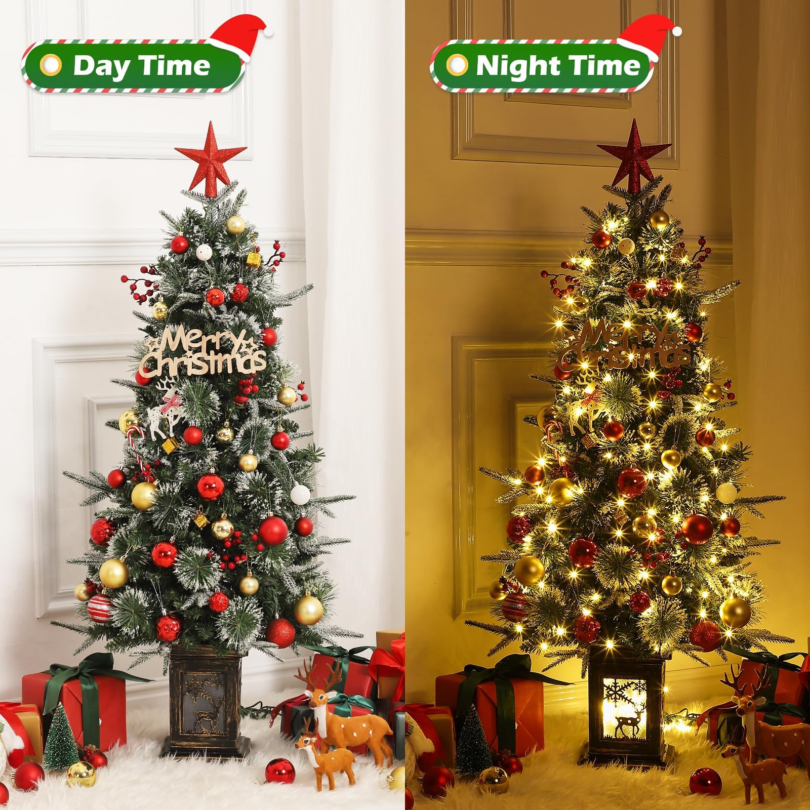 Künstlicher Weihnachtsbaum 125cm – 150 warmweiße & Bunte LEDs, 9 Modi, dichte PVC Zweige, Vintage-Elch-Basis – Weihnachtsdeko für Haus & Büro, inkl. Faseroptik – 4ftH Fiber-Optic Tree-Like Light Box