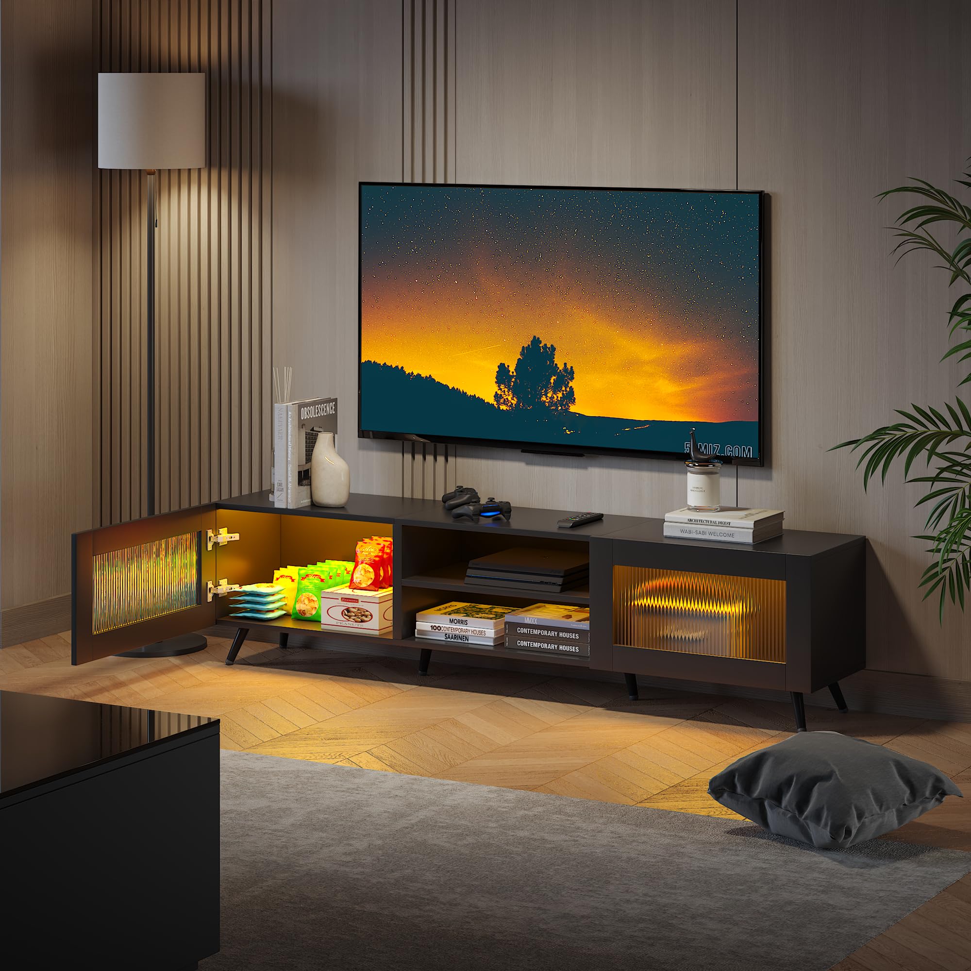 KEEPREAPER TV-Schrank, stehend Lowboard mit LED-Beleuchtung, Fernsehtisch mit 2 Acryltüren, für Fernseher bis zu 70 Zoll, für Wohnzimmer 160 x 29 x 40 cm (Schwarz)