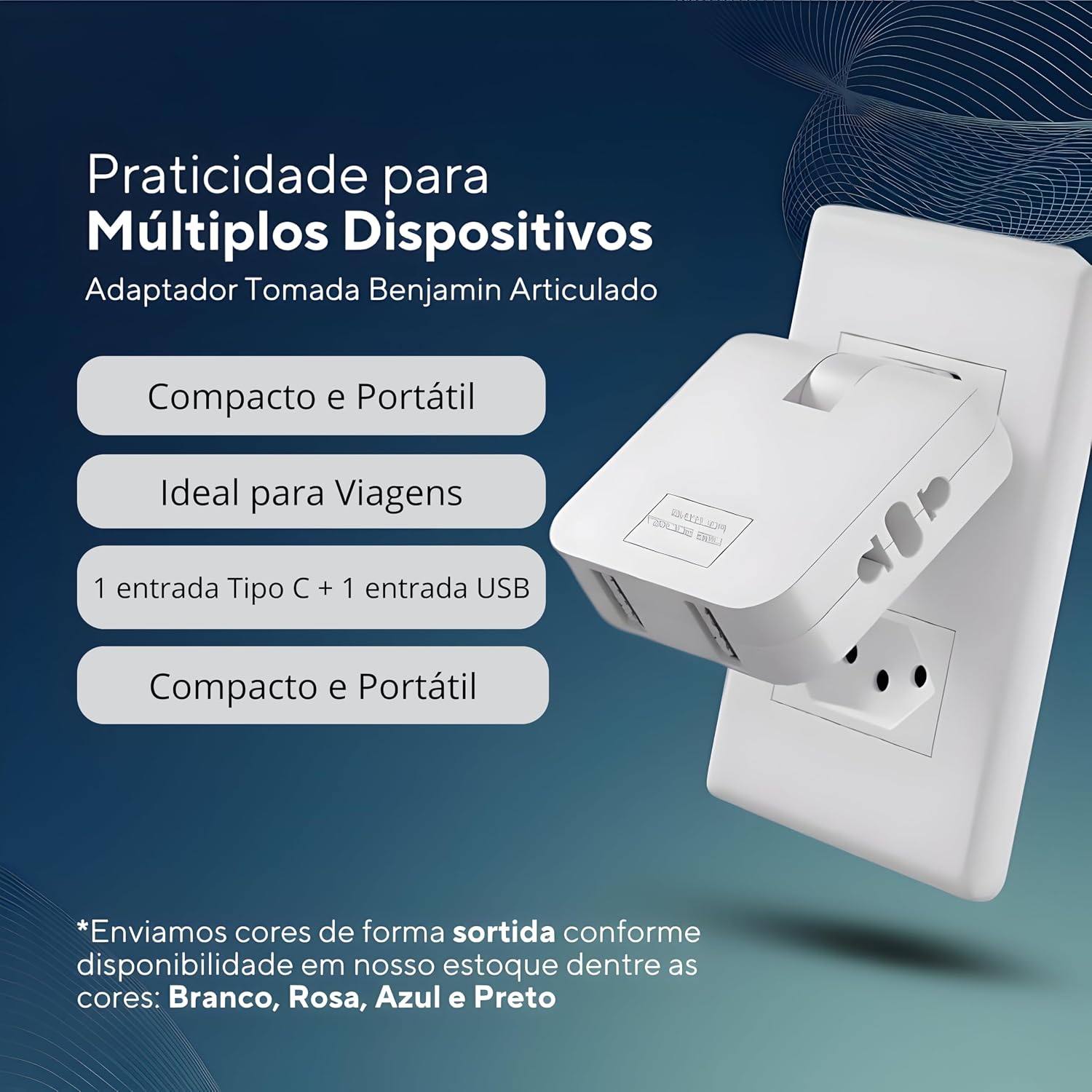 Adaptador Tomada Benjamin Articulado USB-C, Bivolt, Com 1 Entrada USB-C, 2 Entradas Padrão, Conecta 4 Dispositivos, Portátil Para Viagens, Suporta Até 10A, Compatível Até 220V (COR SORTIDA)