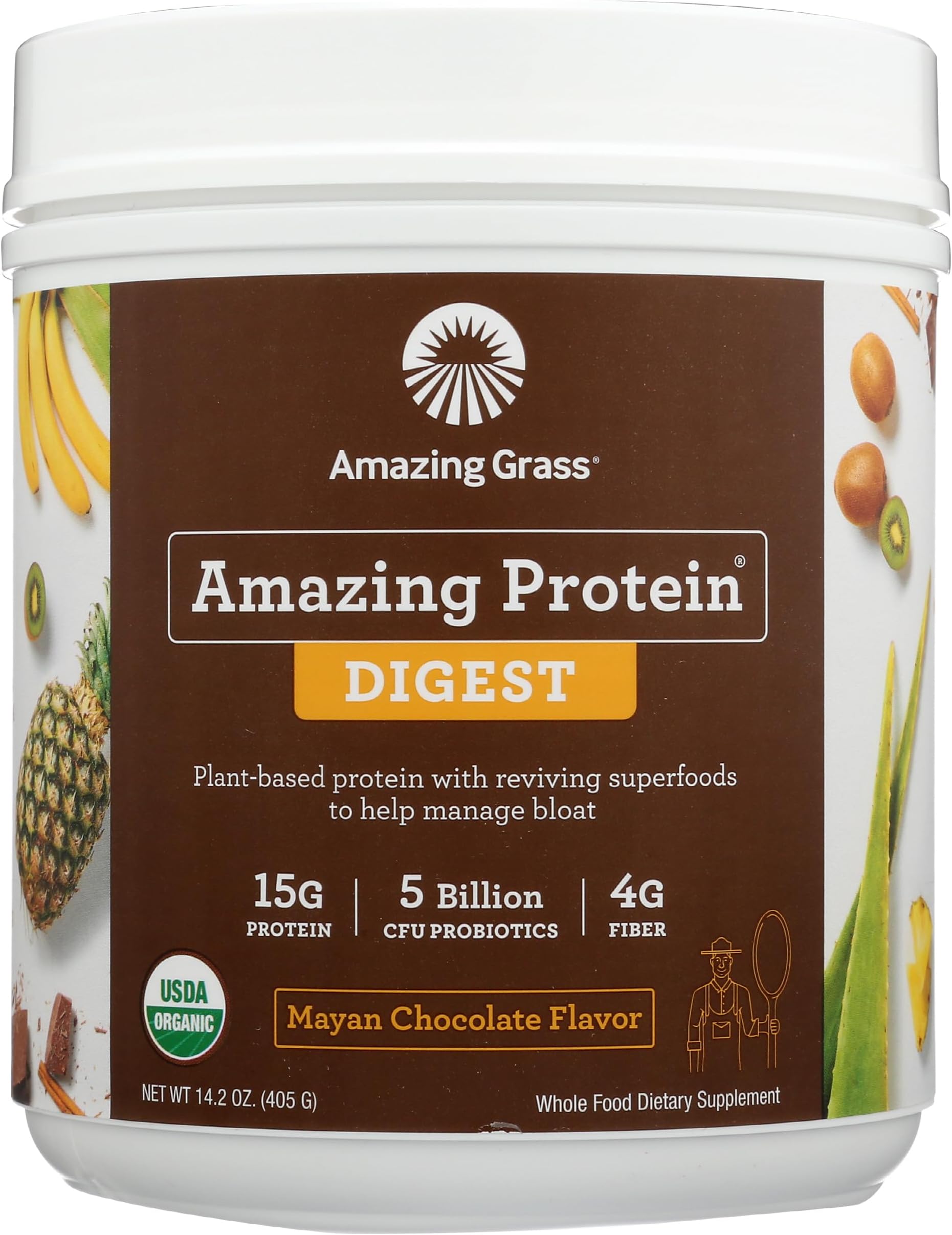 Amazing Grass DIGEST Vegan Protein Powder, Plant Based with Probiotics + Fiber to Manage Bloat, Mayan Chocolate, 15 Servings