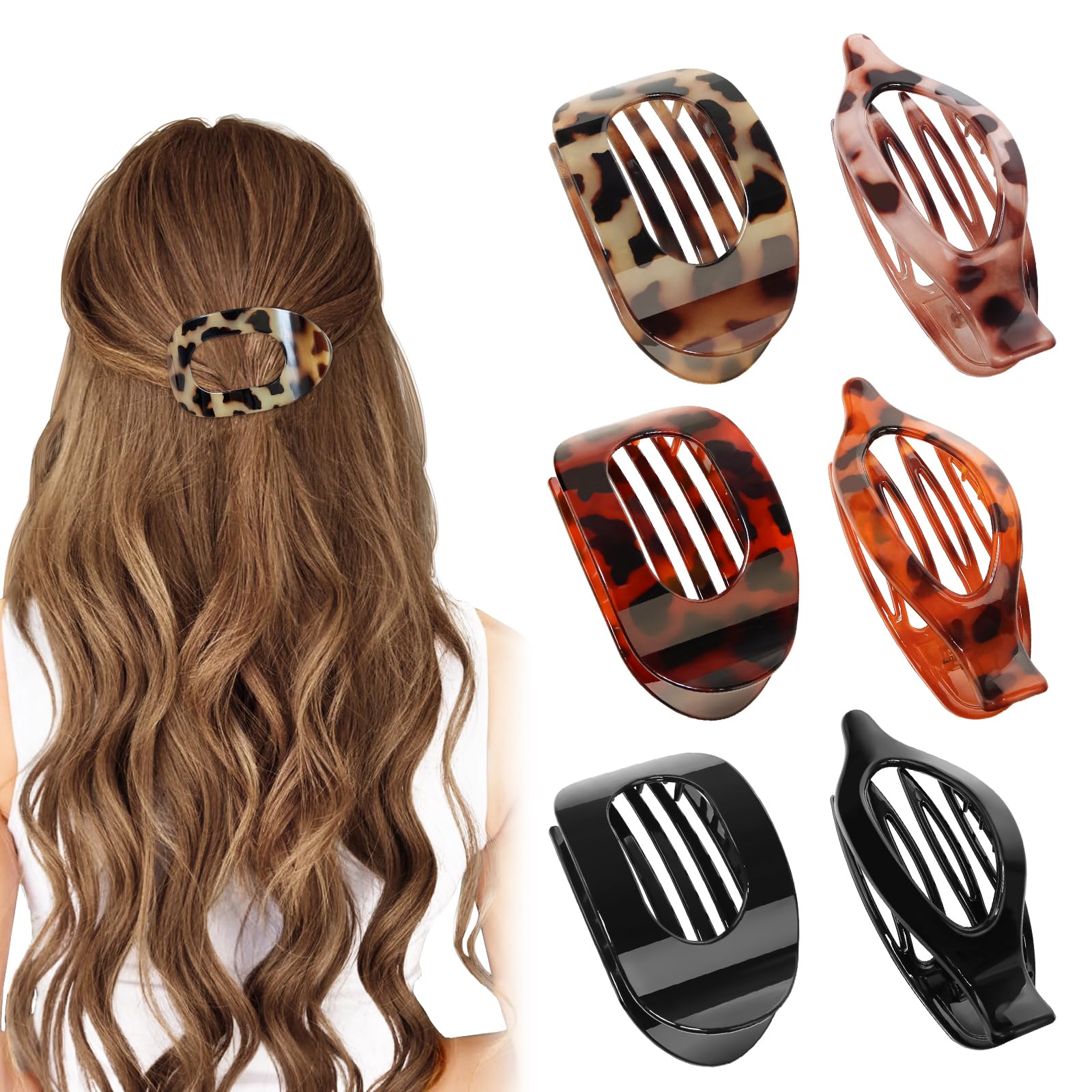 Flat Hair Clips 6PCS Curved Design Hair Claw Clips for Thick Thin Hair Large Strong Hold NonSlip Matte Hair Clips for Women and Girls Lying Driving (Leopard)