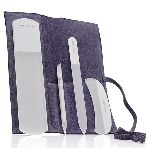 4pcs Manicure Set Genuine Czech Crystal Gray Glass Nail File Moon File Manicure Stick Pedicure Foot Care Bar in Purple Suede by GERmanikure - Gray Glass in Purple Suede Roll