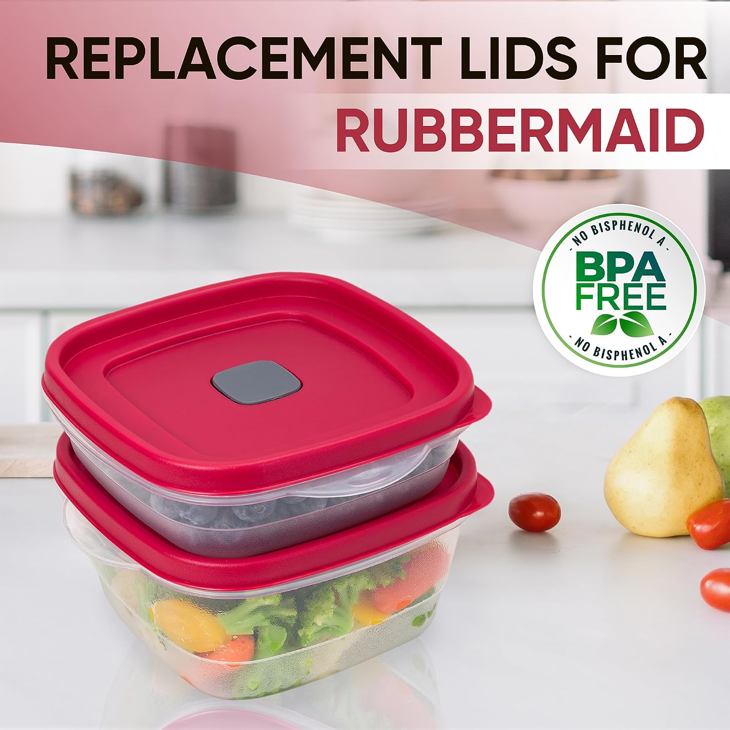 Replacement Lids fits Rubbermaid Easy Find 3, 5 & 7-Cup Food Storage Containers, 6 1/2-Inch Plastic Vented Lids Covers, BPA-Free (3-Pack, Red)