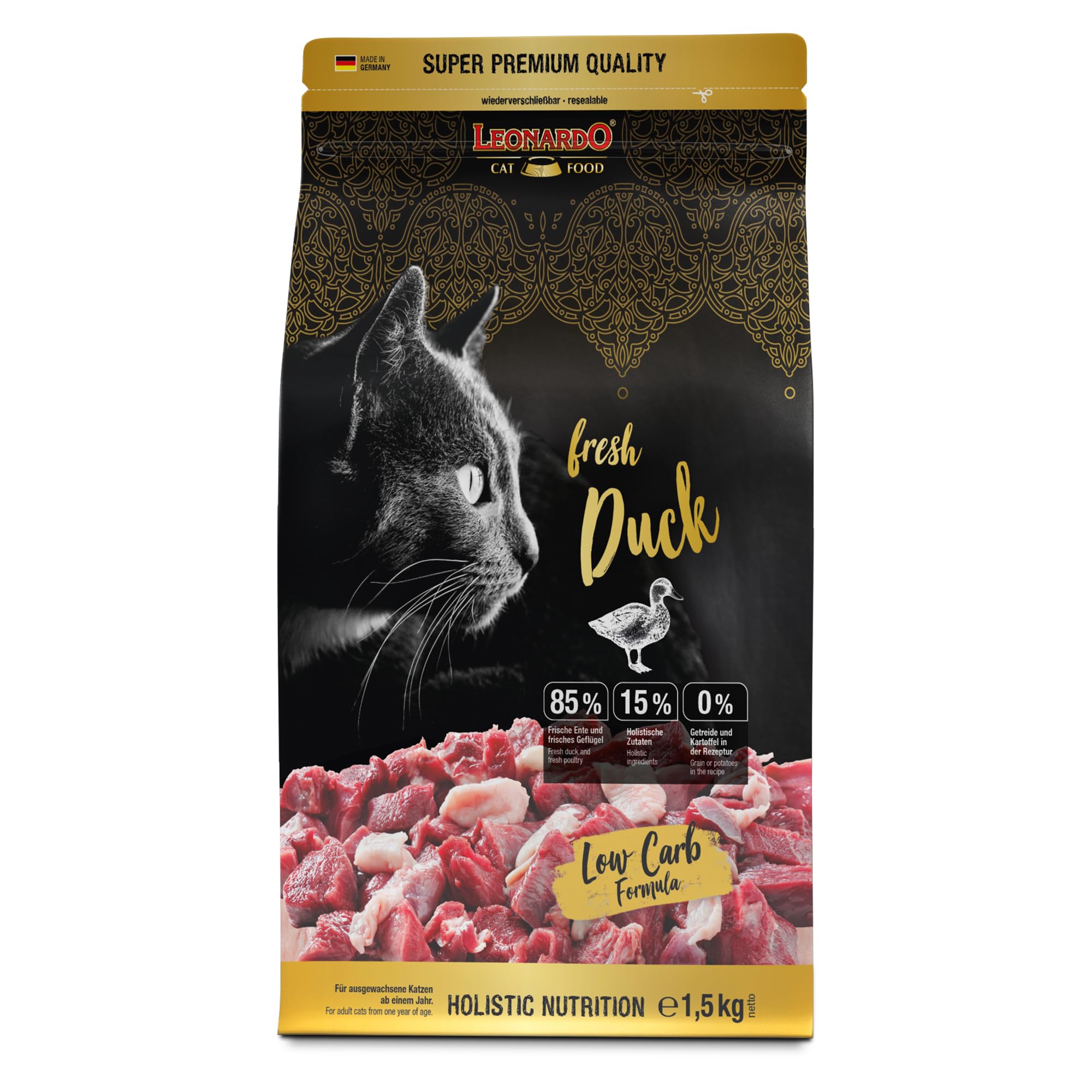 LEONARDO Fresh Duck & Poultry [1,5kg] Katzenfutter | Trockenfutter mit 85% Frischfleisch für Katzen | Alleinfuttermittel für ausgewachsene Katzen Aller Rassen ab 1 Jahr