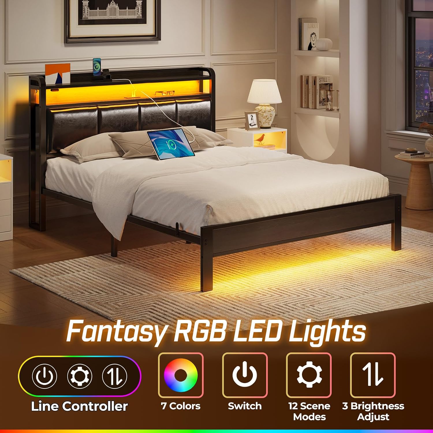 Rolanstar bed frame with RGB LED lights and controller functions