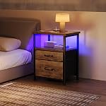YeTom Nightstand with Charging Station, LED Night Stand with 2 Fabric Drawers, Side Table with Open Shelf, End Table with Steel Frame, 2 Drawer Dresser for Bedroom, Easy Assembly, Brown