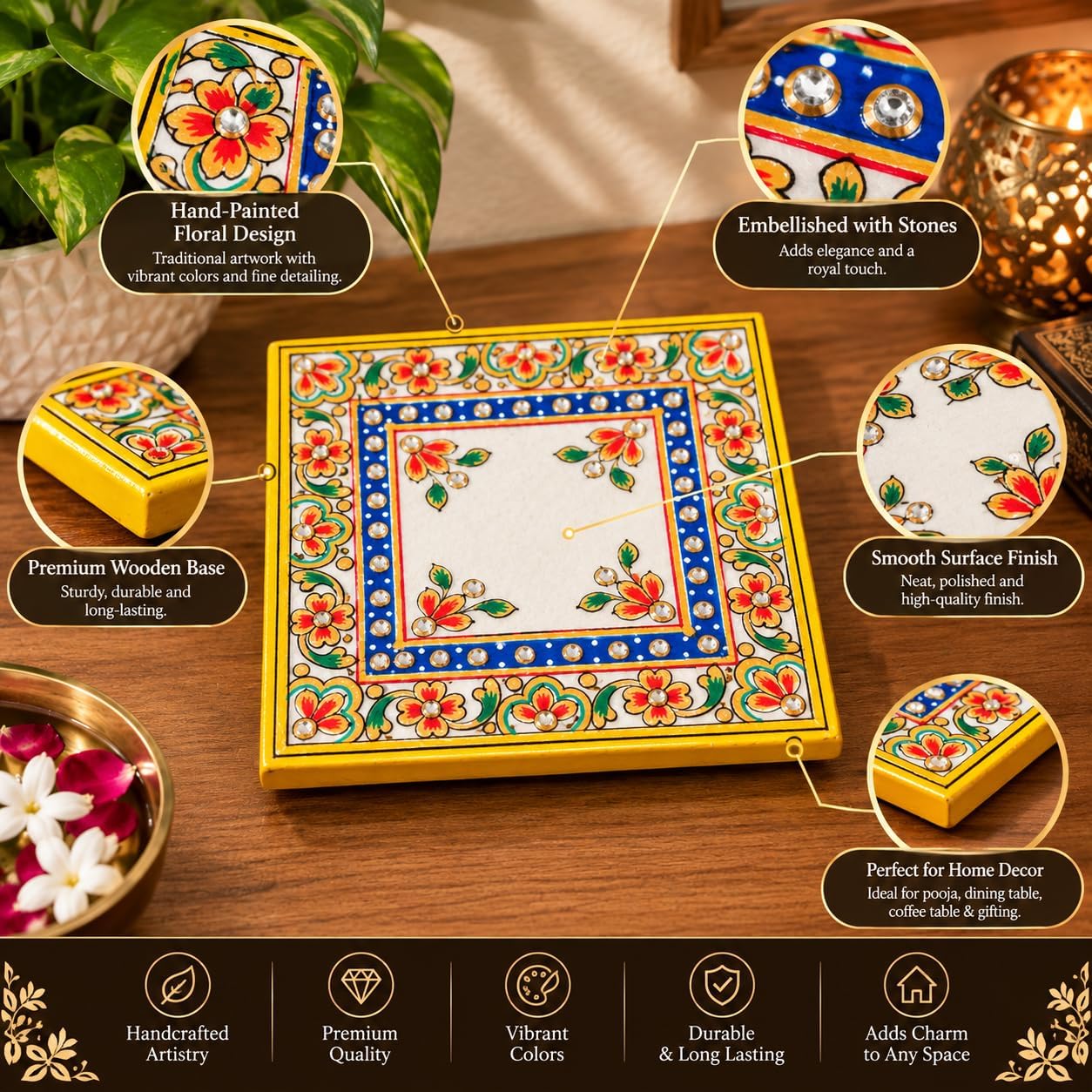 Marble Pooja Chowki - Makrana Marble with Kundans -2