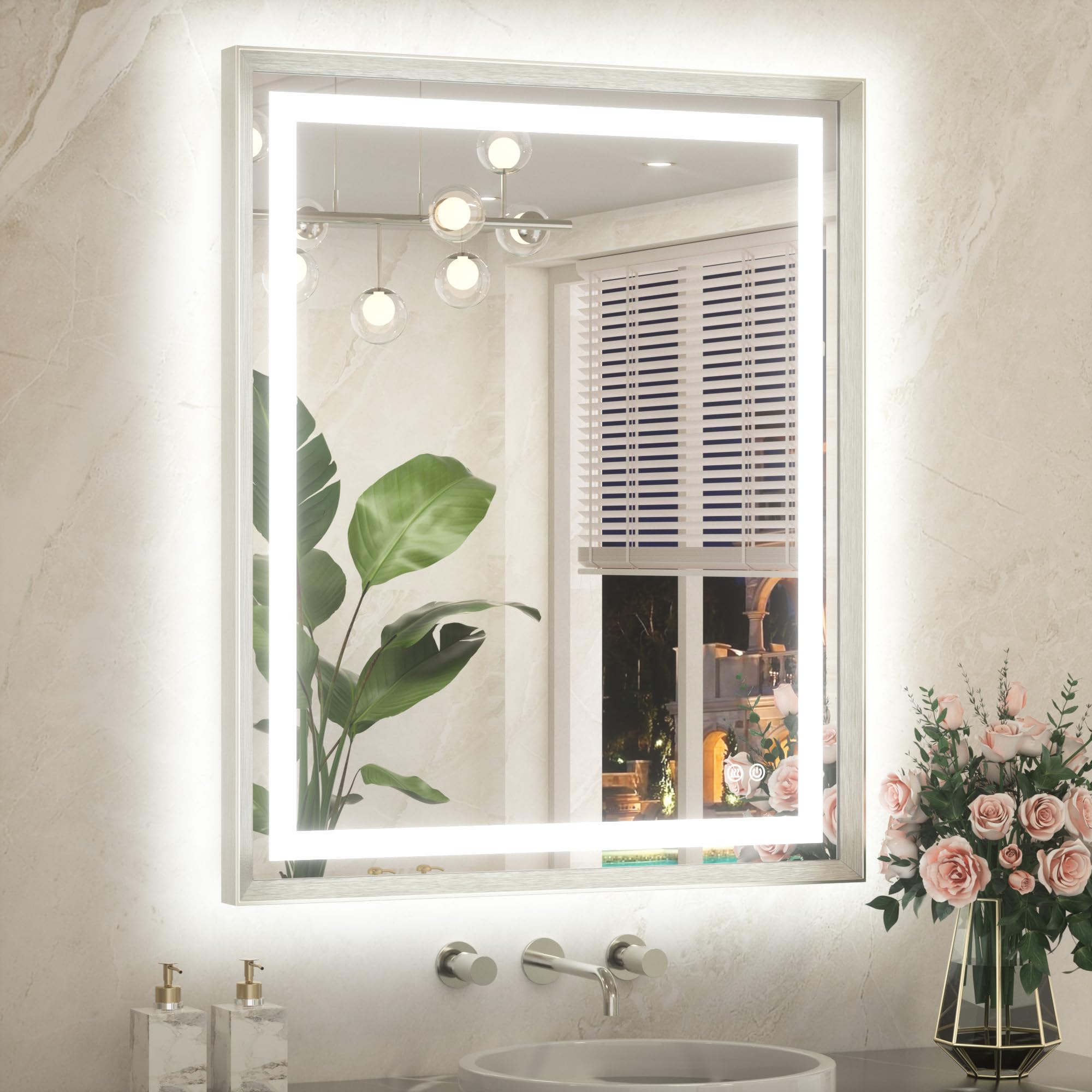 TETOTE Led Bathroom Mirror 30 x 36 with Silver Frame Anti-Fog Frontlit &amp; Backlit Vanity Mirror Stepless Dimmable Lighted Mirrors for Bathroom Wall 3 Colors White/Warm/Natural