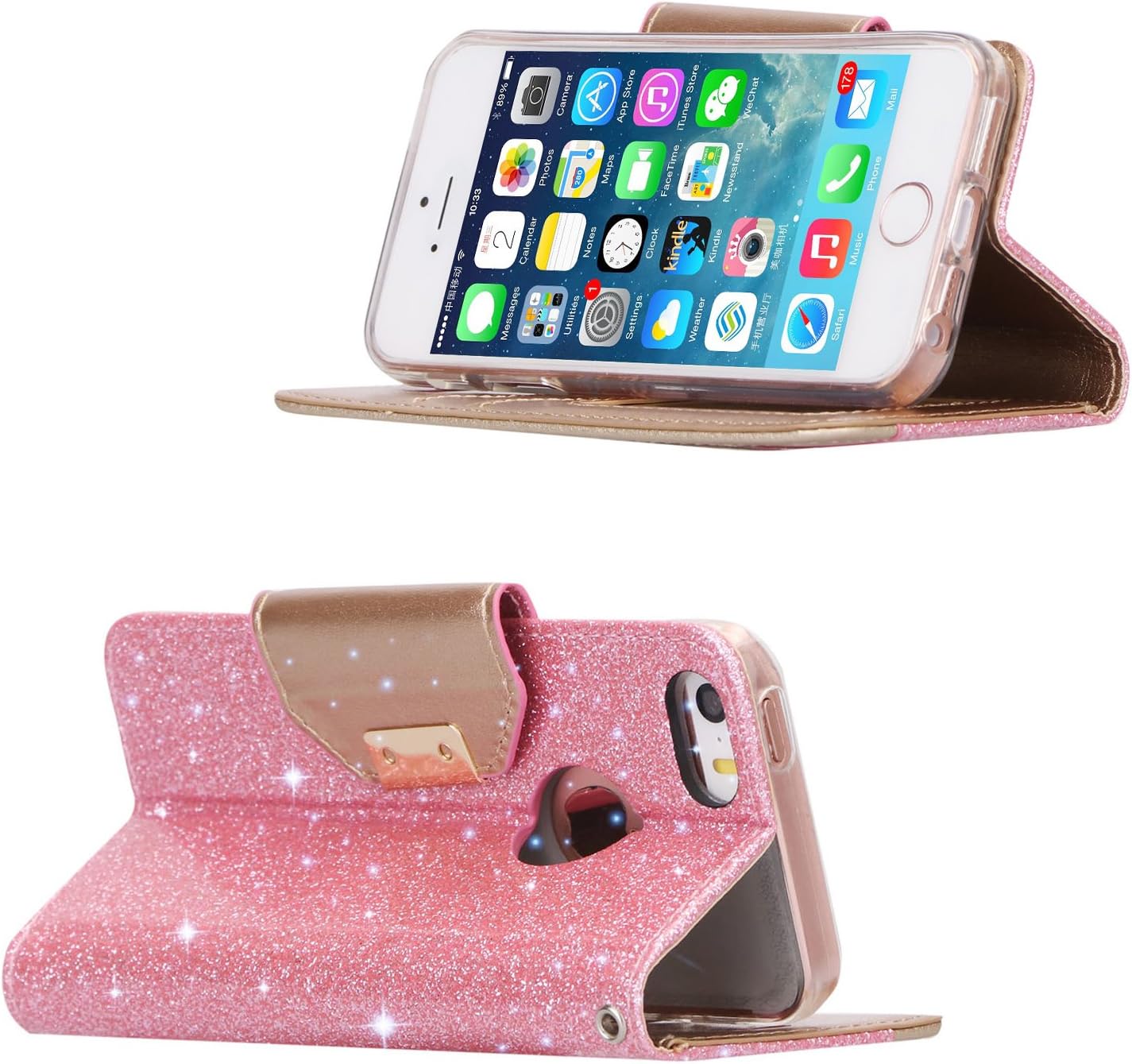 ProCase iPhone SE / 5S Case Cover (Old Model), Wallet Flip Case, with Wristlet Strap, Build-in Card Slots and Mirror, Stylish Slim Stand Cover for Apple iPhone SE / 5S (Glitterpink)