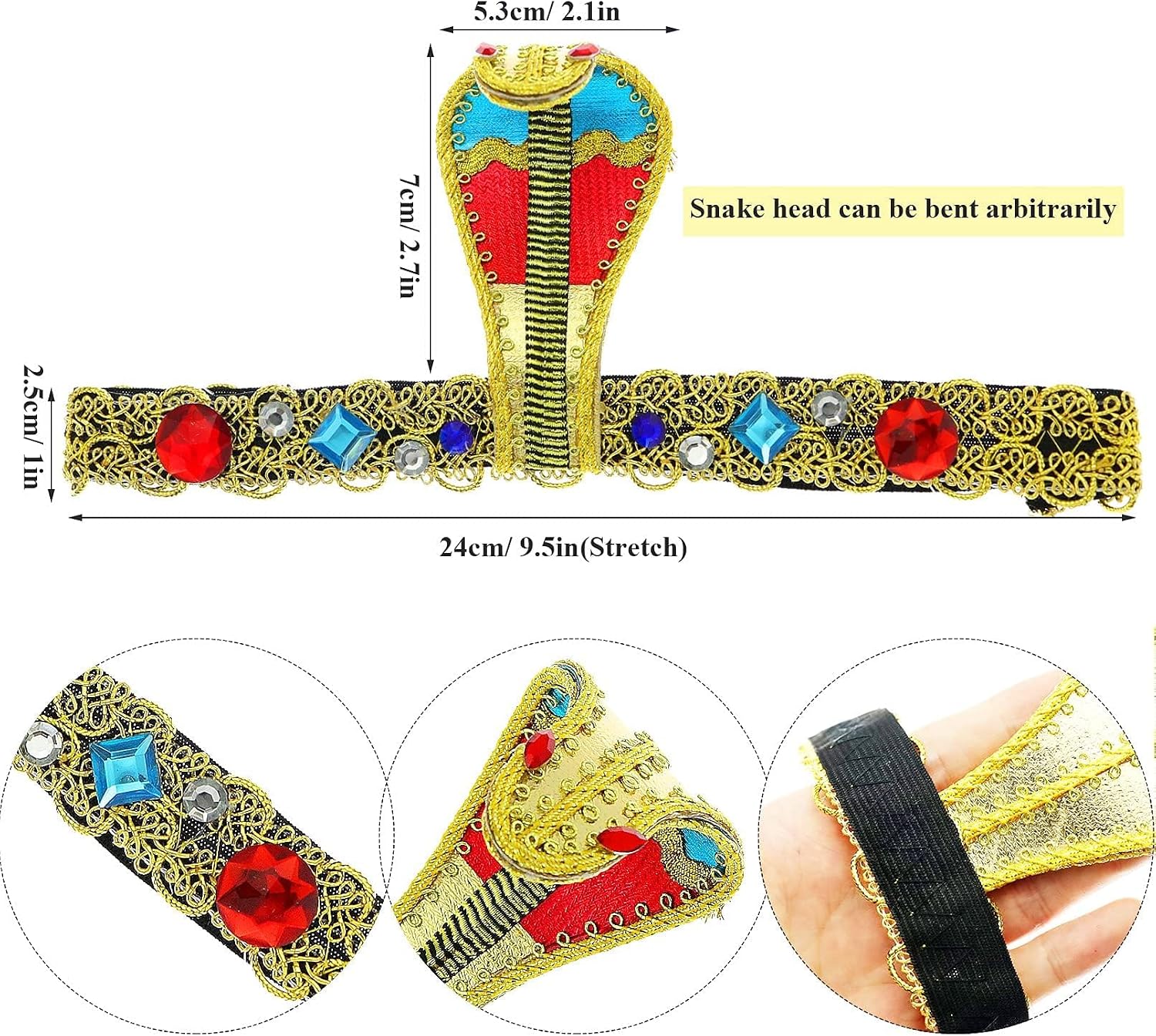 RechicGu 4 Pieces Egyptian Cleopatra Costume Accessory Snake Stretch Headband Headpiece Metal Cobra Upper Arm Cuff Bracelet Earrings for Women