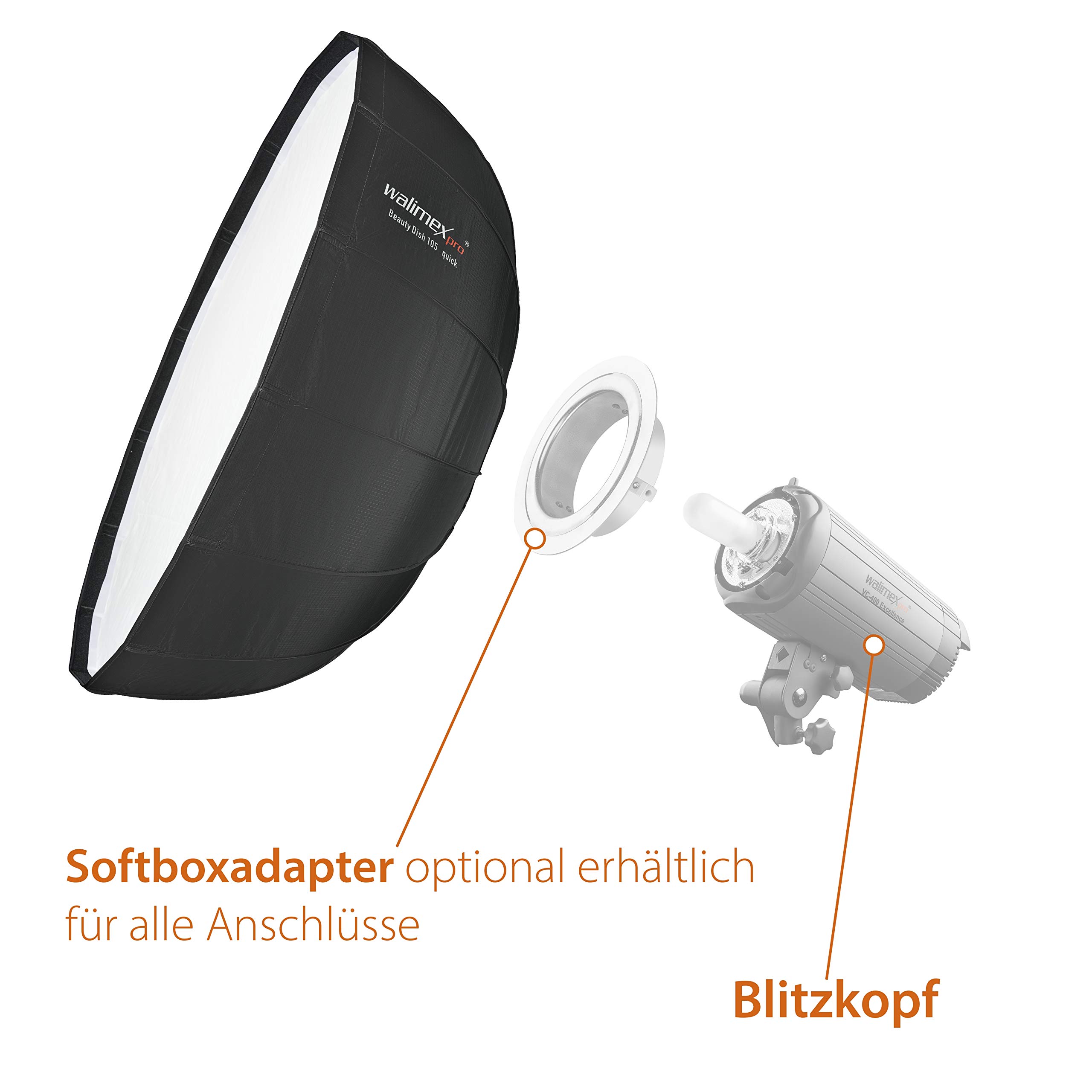 Walimex pro Studio Line Beauty Dish Softbox QA105 – Beauty Dish formująca światło, średnica 105 cm, głębokość 46 cm, składana, z gridą, dyfuzorem wewnętrznym i zewnętrznym, do lampy błyskowej