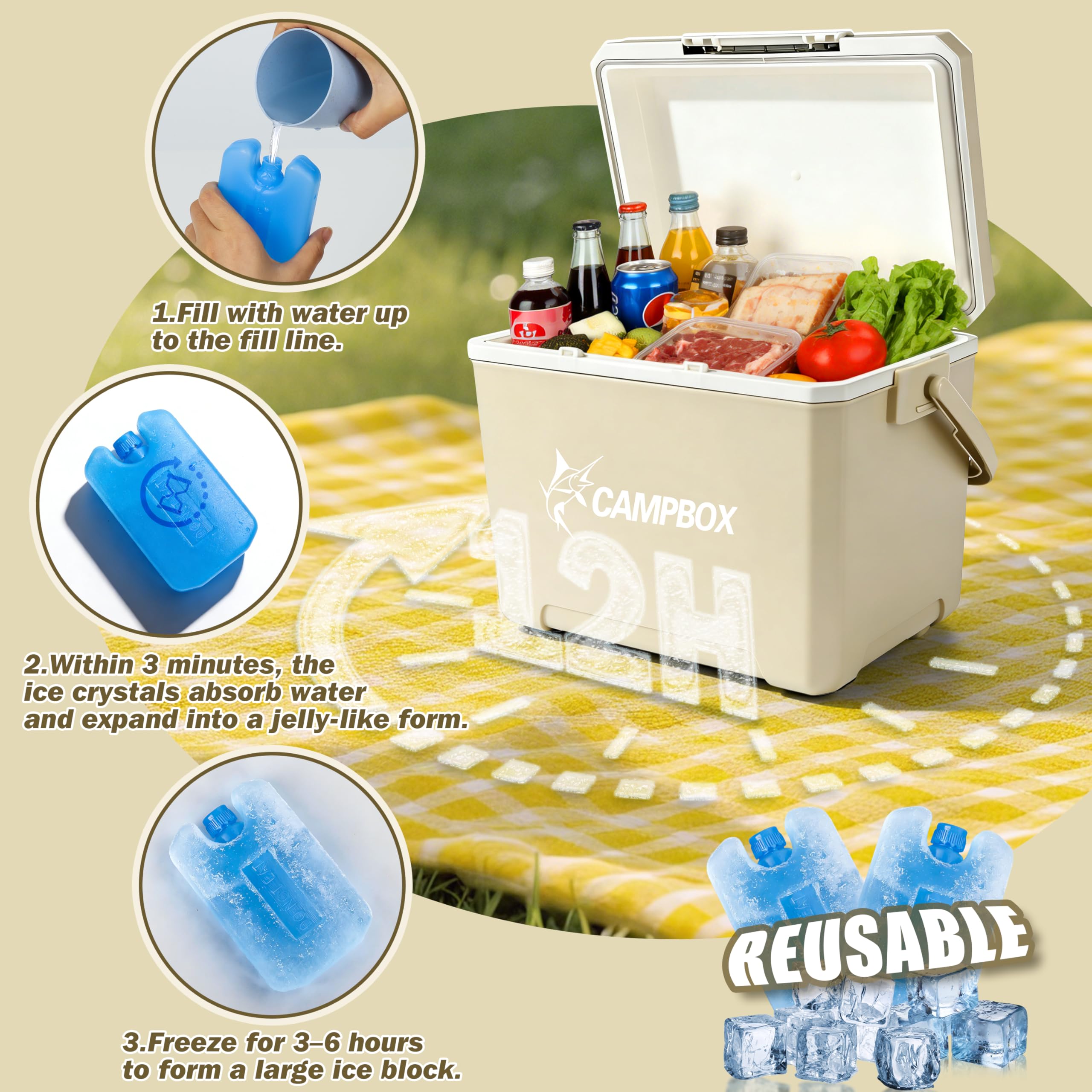 JONRRYIN Nevera Pasiva 24L, Nevera Portátil con 2 Acumuladores de Frio, Mantiene el Frío hasta 12h, Portátil Térmica Rígida para Playa, Camping, Picnic, Excursiones