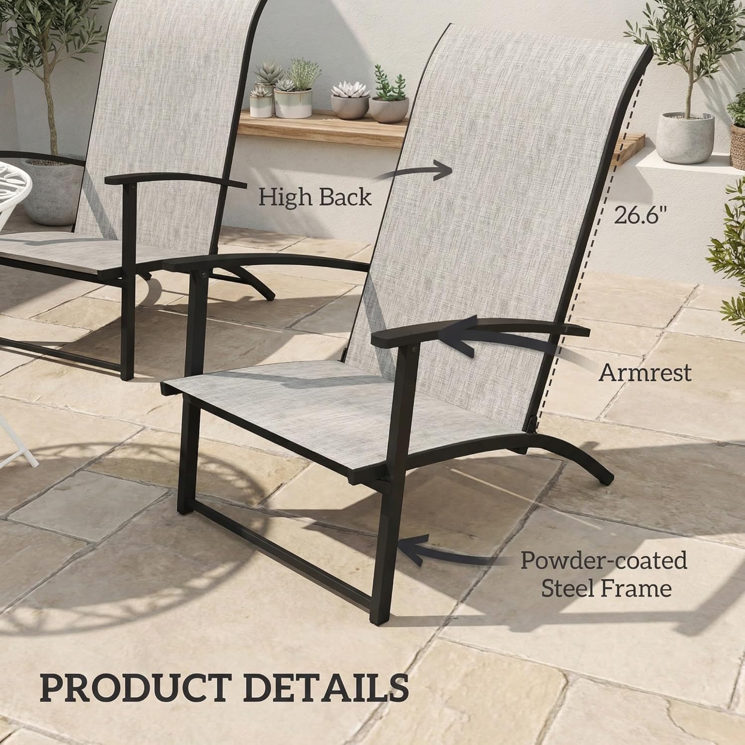 Outsunny Folding Patio Chairs Set of 2, Portable Outdoor Dining Chairs with High Back and Armrests, Breathable Mesh Fabric Seat, Metal Frame Patio Chair Set for Porch, Lawn, Camping, Gray