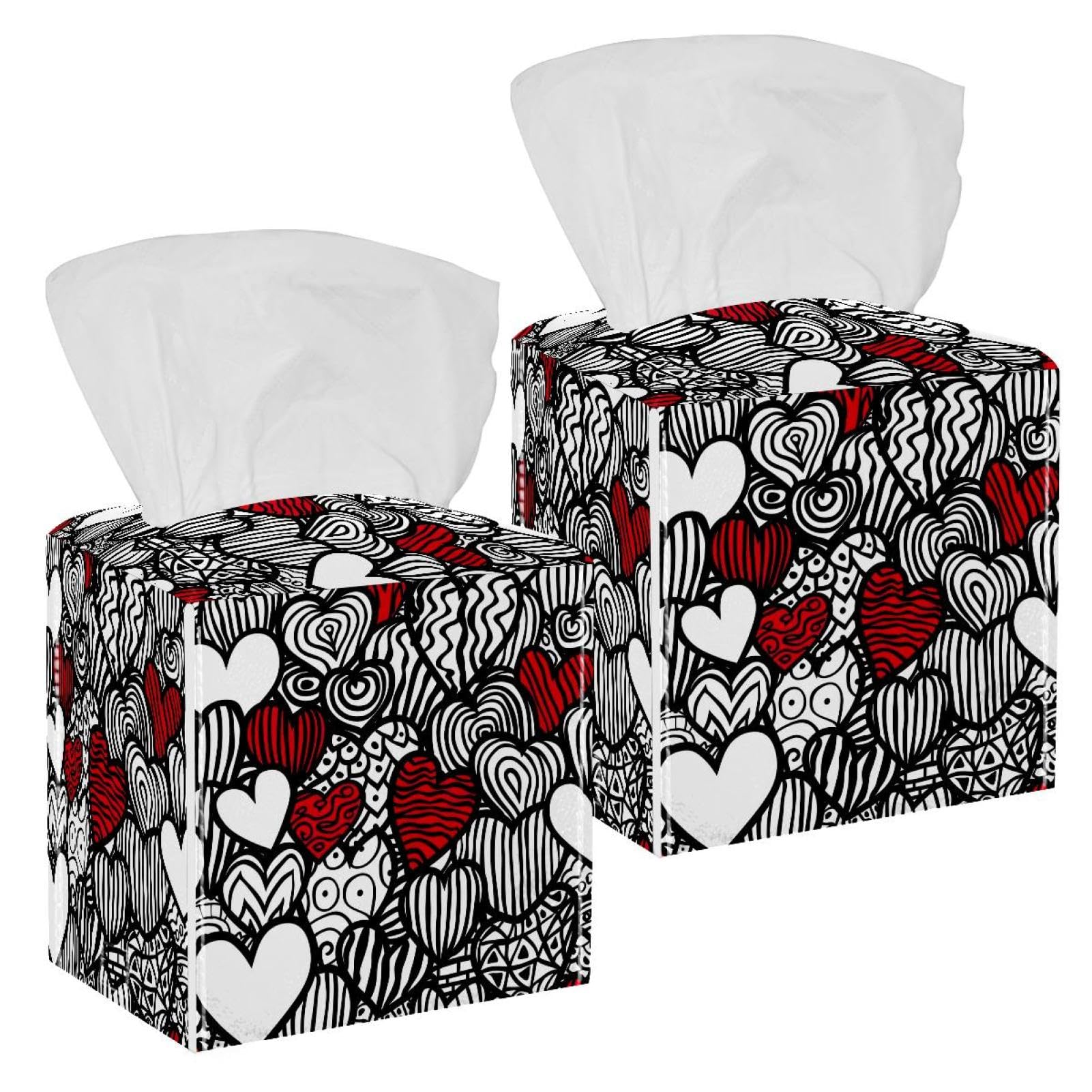 Heart of Love Tissue Box Cover, 2 Pack PU Leather Square Facial Tissue Dispenser Box holder for Home Office Car