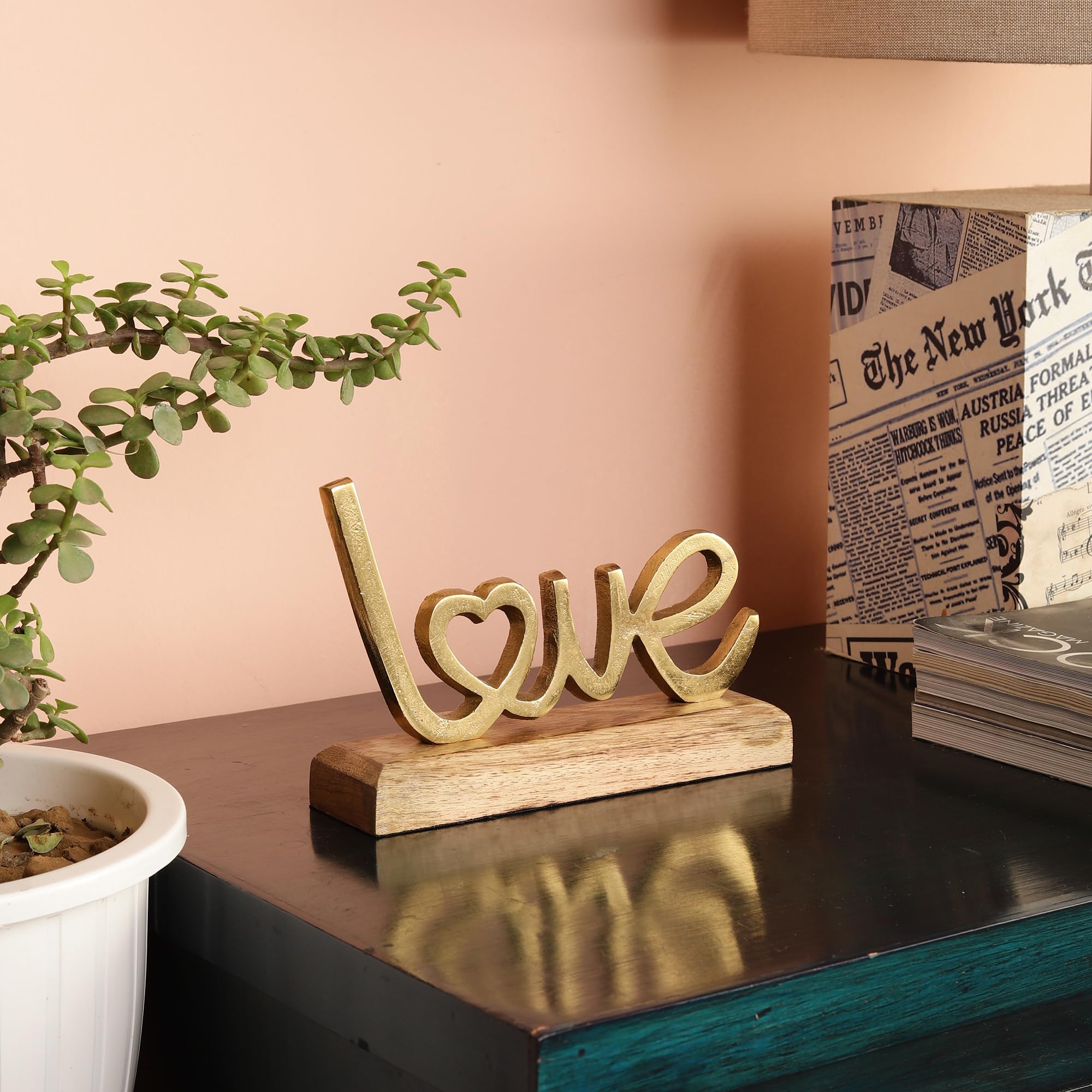 PURESTORY Love Sign Decor | Decorative Items For Home Living Room | Metal Word Sign with Wooden Base | Gift Items For Home Decoration | Decoration For Library | Tabletop For Gallery & Office - Gold
