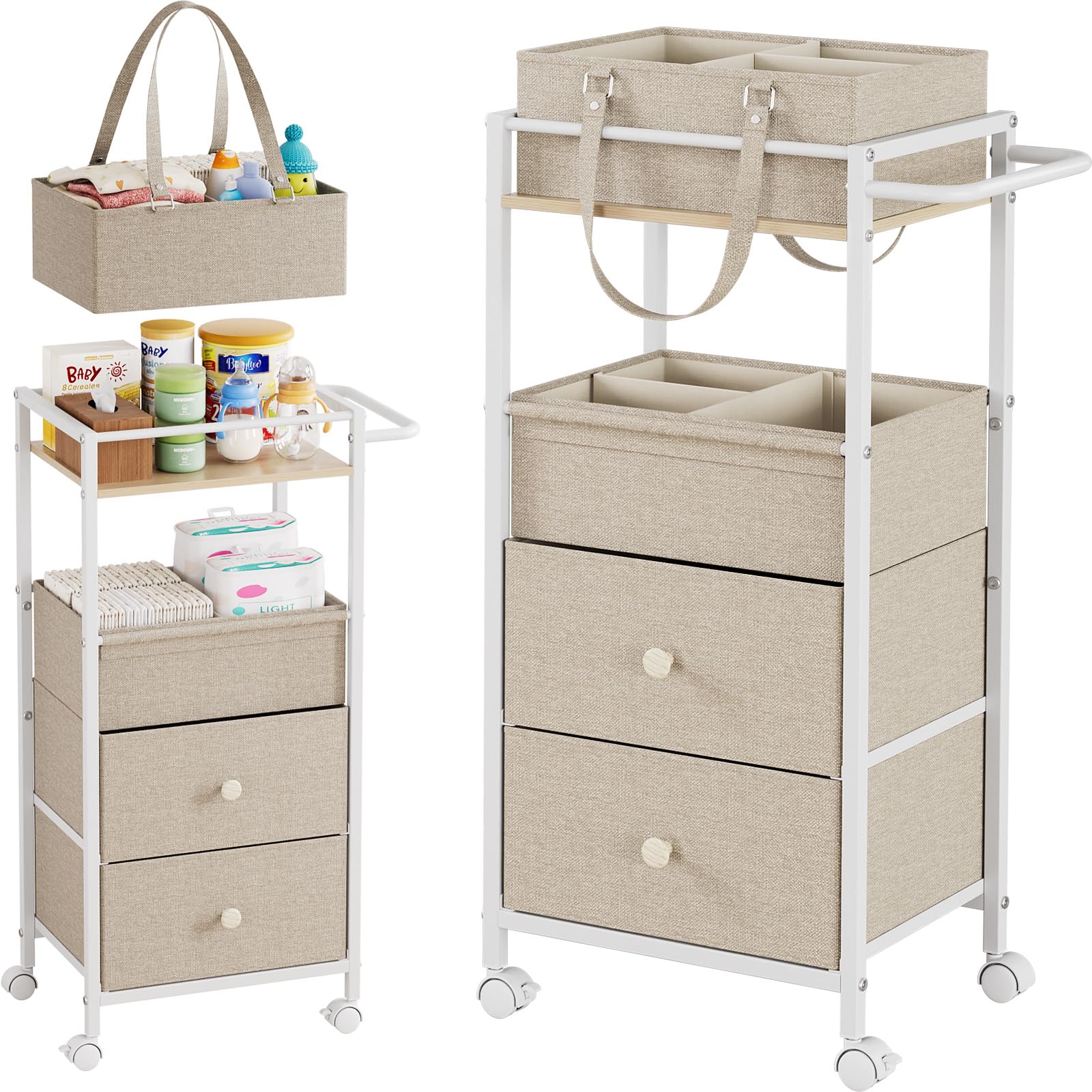 Carrito organizador de pañales para bebé con cajones, carrito de almacenamiento 3 en 1 con ruedas, organizador de pañales extraíble, separadores desmontables, para cuna, dormitorio, organizador de
