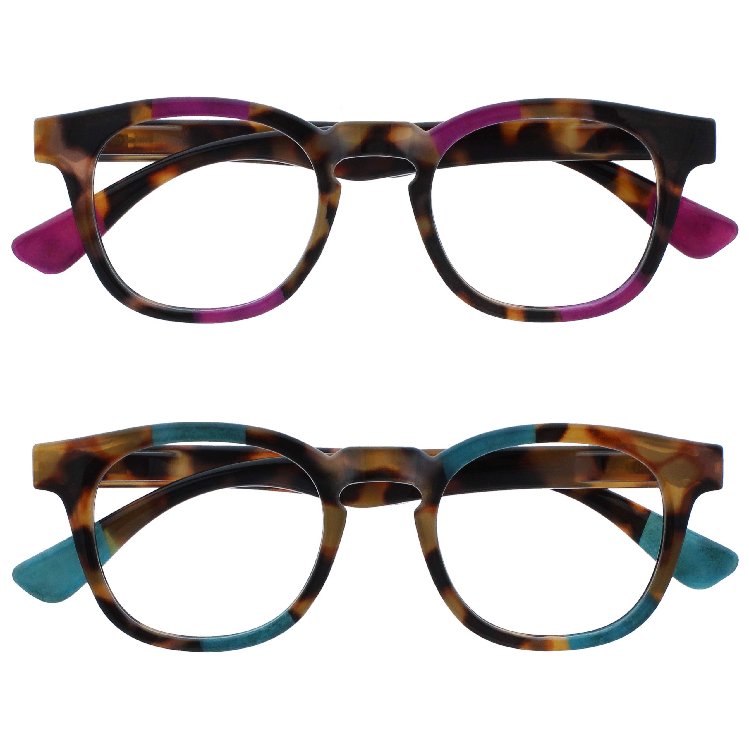 OPULIZE Ava Gafas de Lectura Pack de 2 Montura Redonda Favorecedora Marrón Carey Morado Turquesa Lentes Resistentes a Arañazos Bisagras de Muelle Unisex Hombre Mujer RR62-5Q +2.00
