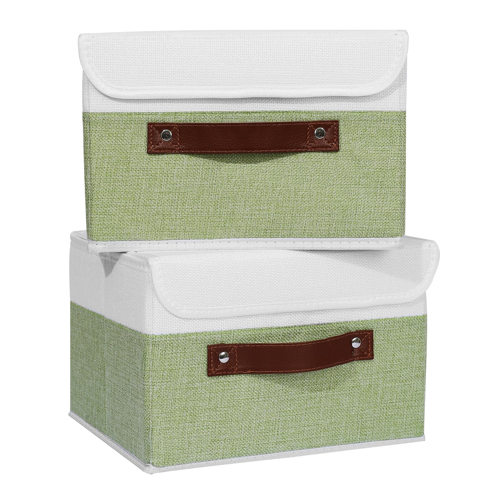 ANMINY 2PCS Storage Boxes with Lid Washable Decorative Storage Bins Basket with PU Leather Handle Foldable Linen Fabric Storage Cubes Containers for