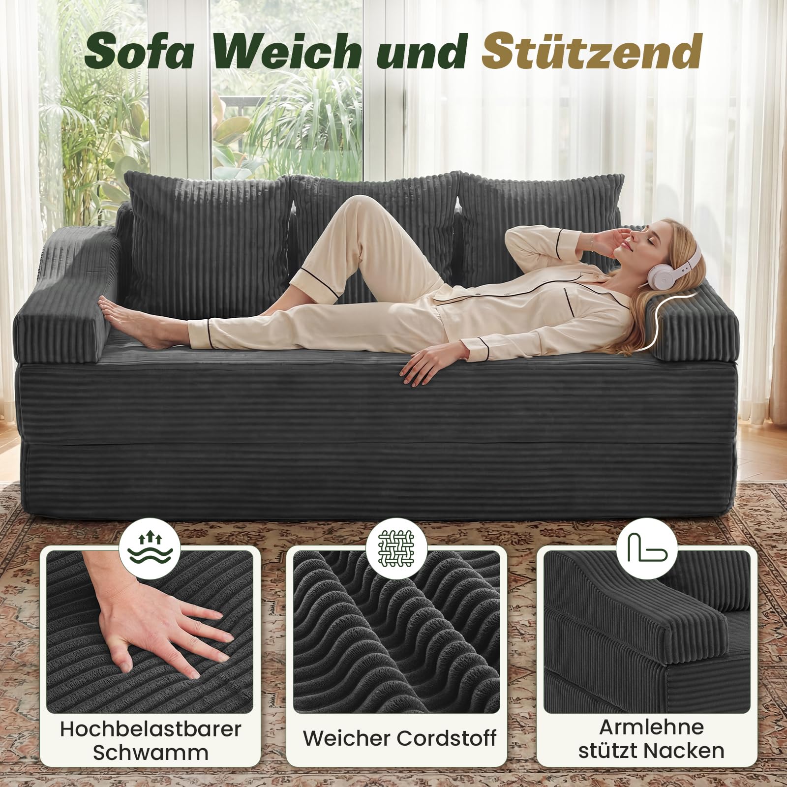 APICIZON Schlafsofa 200cm Breit, Boneless Couch mit Kissen, 3 Sitzer Sofa Bed mit Schlaffunktion, Bodensofa Klappbare Matratze für Wohnzimmer, Schlafzimmer, Gästezimmer (Cord-Dunkelgrau, 200x176cm)