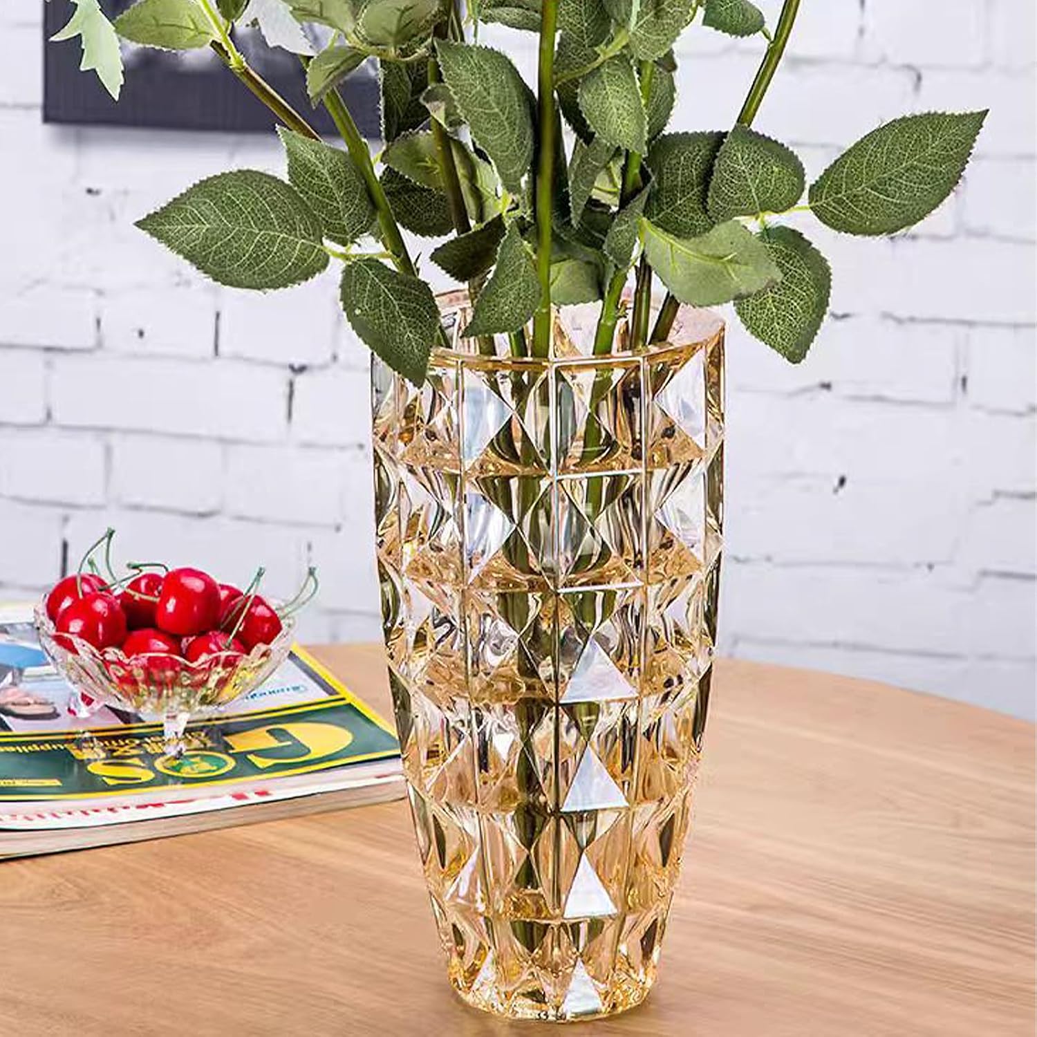 Tall Clear Glass Vase, Large Diamond Check Pattern Crystal Vase, H 10 inch, Weighs 3.3 LB, Heavy Glass for Home Decor, Bookshelf Decor, Centerpieces