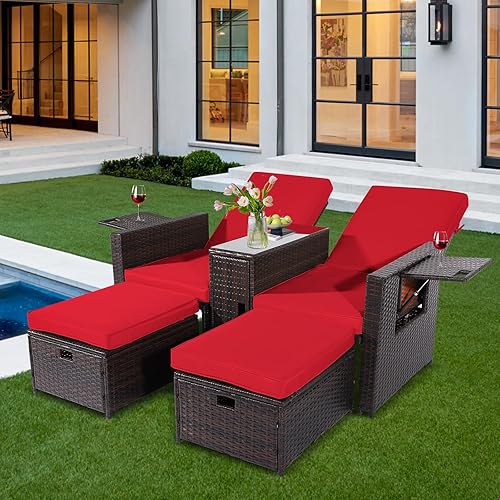 Miniatura 9 de Tumbona de mimbre para exteriores, 5 piezas, silla reclinable ajustable de ratán con otomana y mesa auxiliar, para patio, playa, piscina, patio