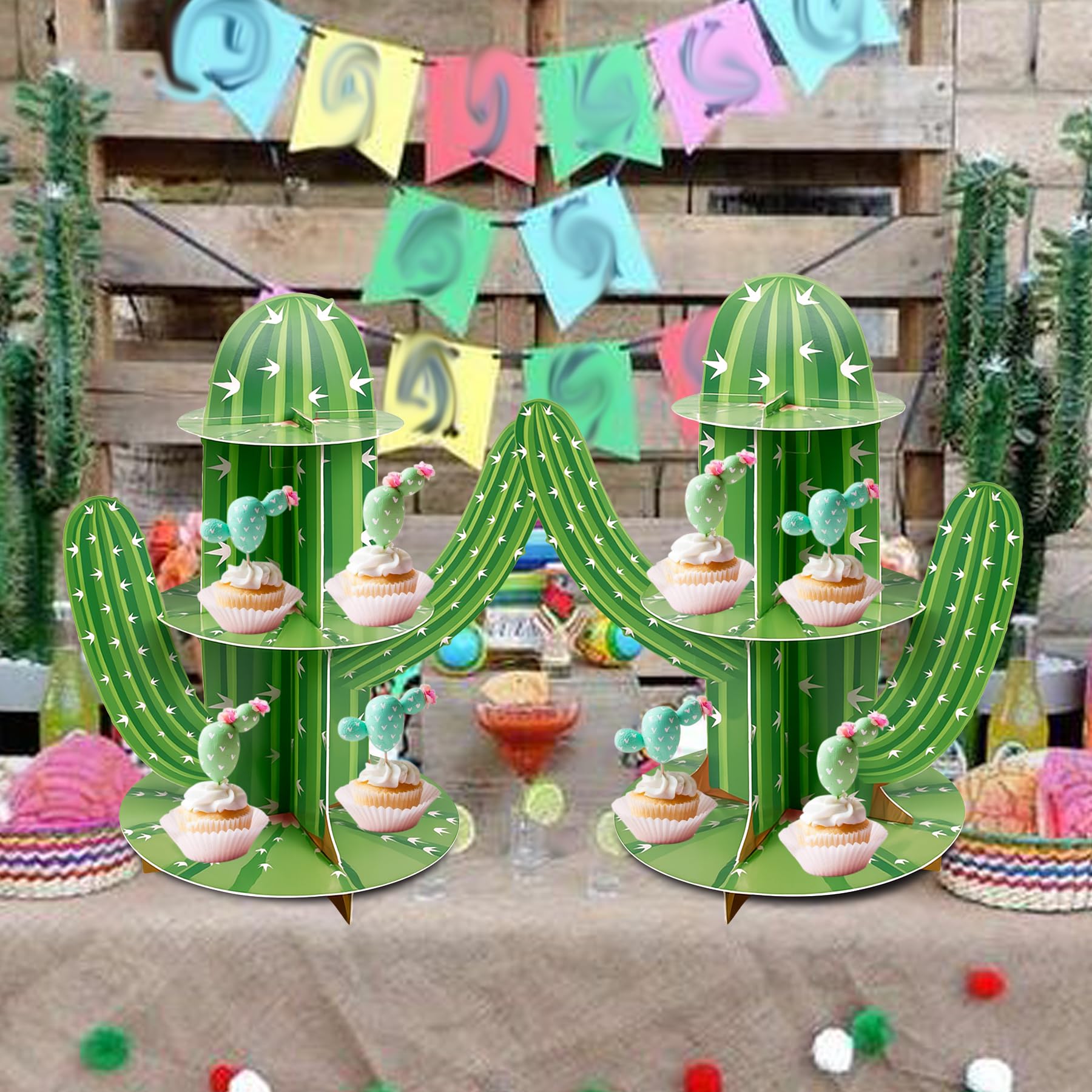 Soporte para cupcakes de cactus de 3 niveles, soporte para cupcakes con forma de cactus verde para suministros de fiesta mexicana, decoraciones de fiesta de taco, recuerdos de fiesta del Cinco