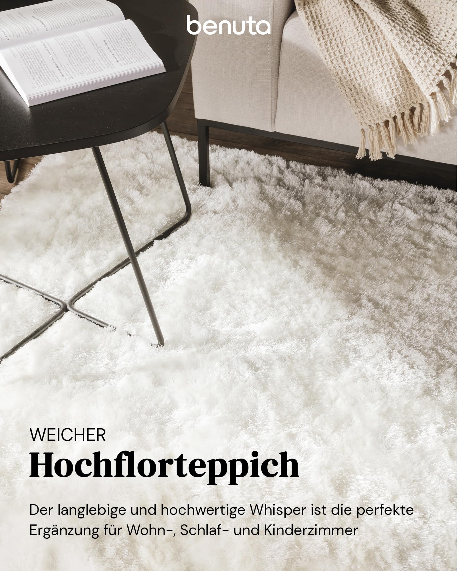 benuta Nest Hochflorteppich Whisper - Weiß 120x170 cm - Kuschelig Weicher Teppich für Schlaf- und Wohnzimmer - Pflegeleicht - Fußbodenheizung Geeignet