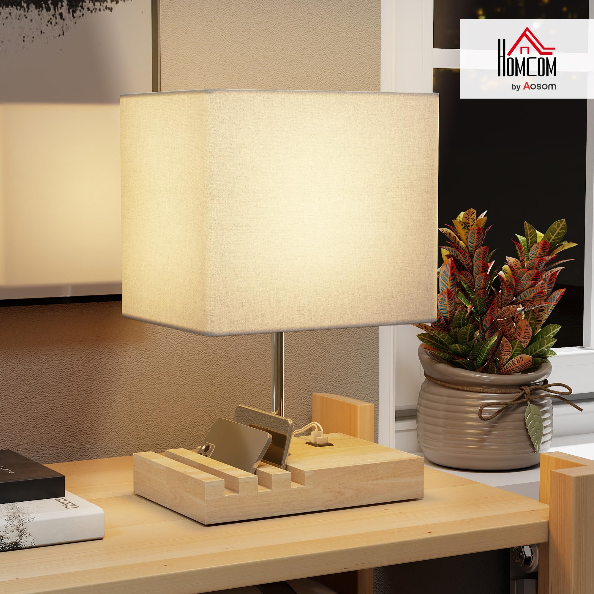 HOMCOM Lampada da scrivania con presa E27 e stazione di ricarica USB-A+C