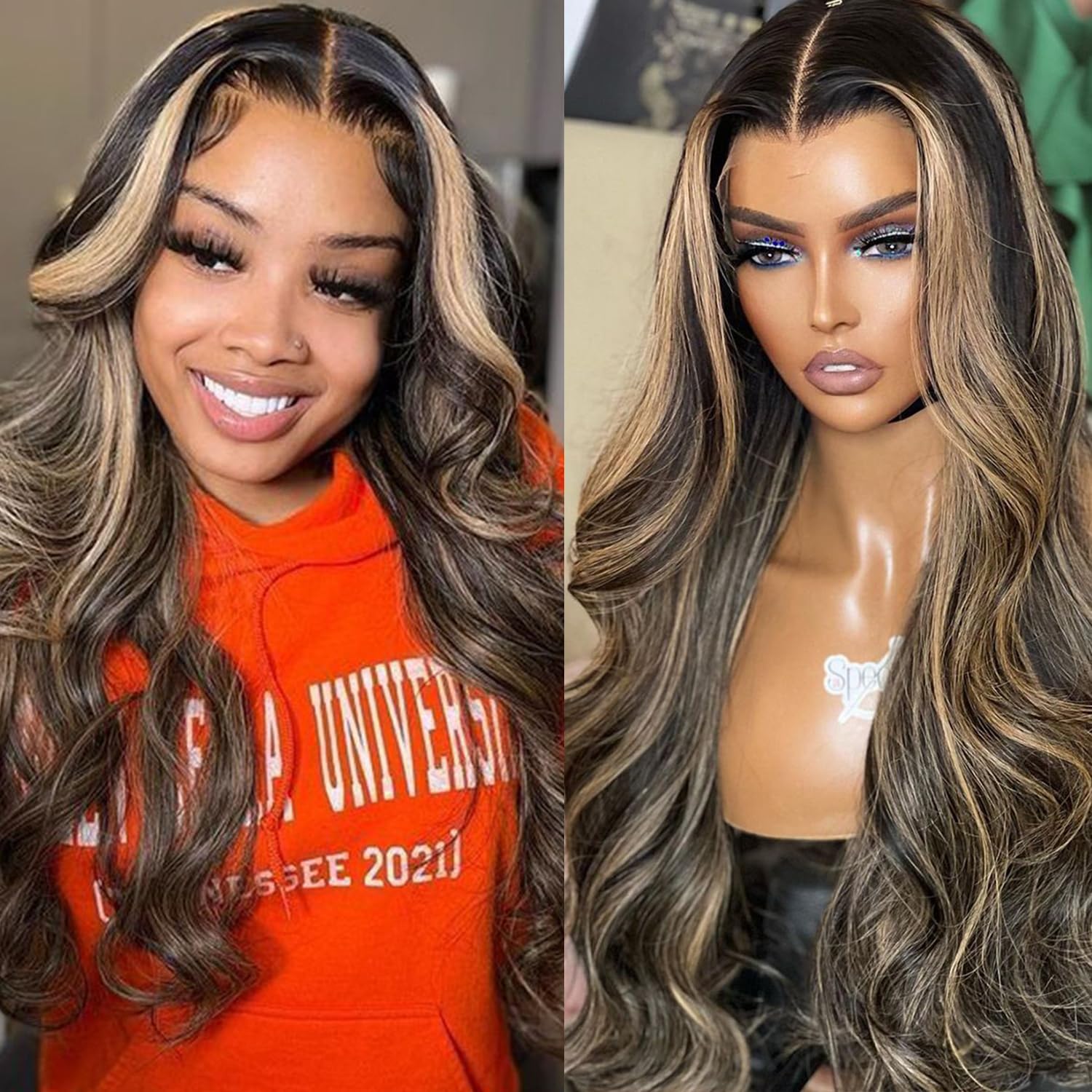 Aveiyce 13x6 1b/27 Highlight Ombre Balayage Lace Front Wigs Human Hair Black and Blonde Body Wave HD Transparent Lace Frontal Wig Pre Plucked with