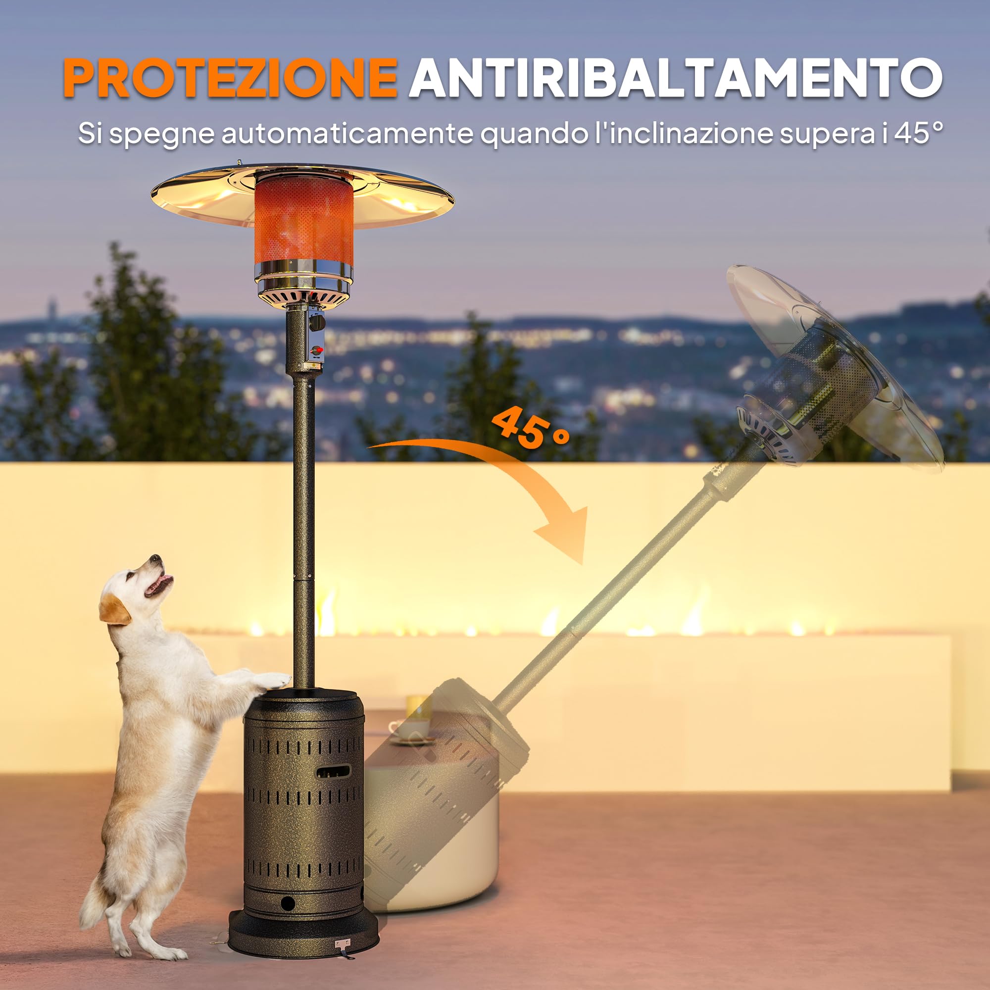 Outsunny Stufa a Gas/Propano da Esterno 11kw, con Spegnimento Automatico e Rotelle, Riscaldatore da Esterno Portatile, per Patio, Giardino e Terrazzo, 82x82x223 cm, Marrone Scuro