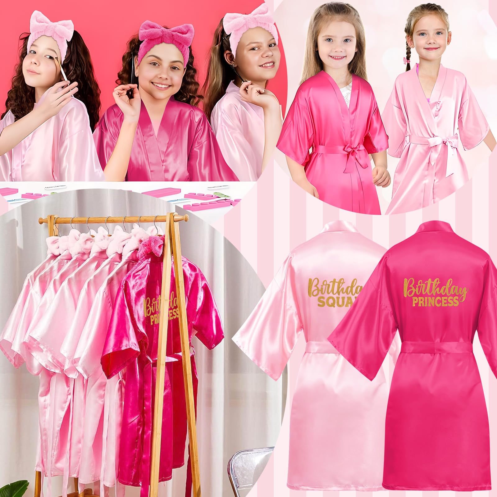 10 Stück Geburtstags-Roben-Set für Mädchen – Satin-Kimono mit Birthday Princess & Birthday Squad + 10 Stirnbänder + 10 Schlafmasken + 10 Geschenkbeutel – Größe 14