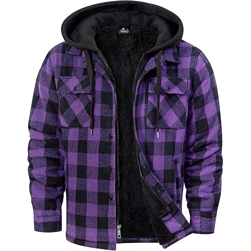 Men's Thick Fleece Plaid Jacket Flannel Shirts Sherpa Lined Full Zip Up Hoodie Winter Coat with Pockets