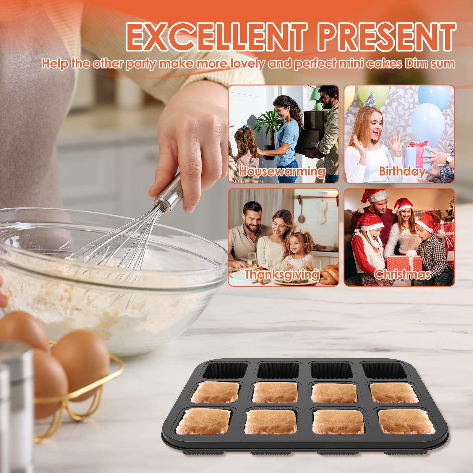 Lot de 4 moules à muffins carrés en acier au carbone anti-adhésif, 12 cavités, faciles à nettoyer, multi-usages avec bord ondulé pour la cuisson au four (noir)