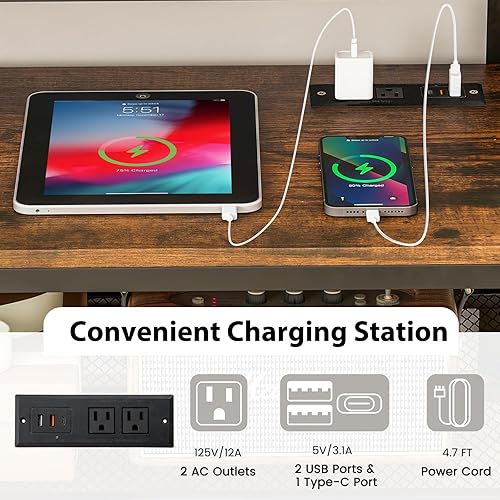 Miniatura 4 de GOFLAME Soporte de TV industrial para TV de hasta 50 pulgadas, centro de entretenimiento rústico de 3 niveles con tomas de corriente y marco de